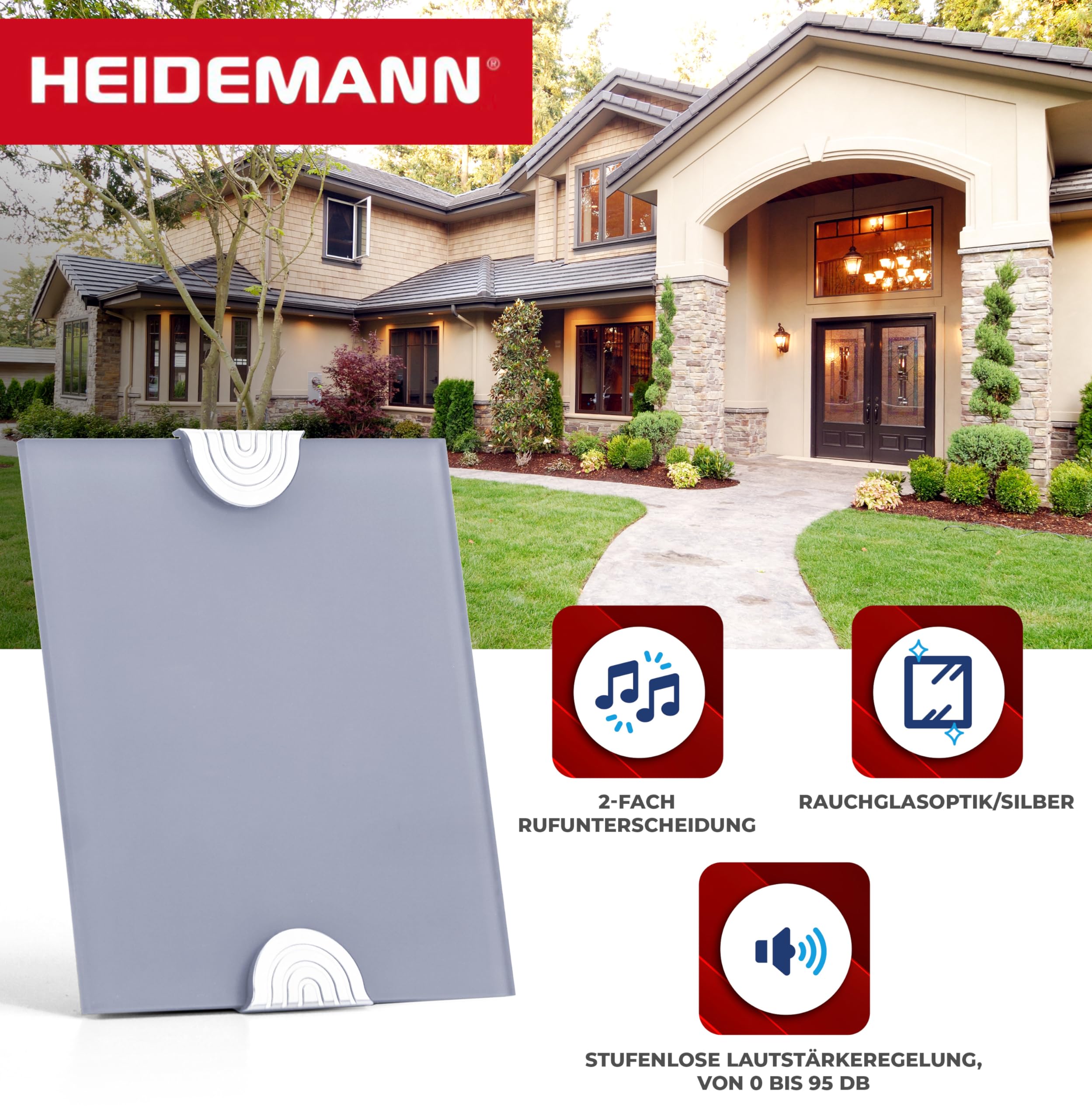 HEIDEMANN Türklingel Chorus - elektronische Haustürklingel - Mehrklanggong - rauchglas - Hausklingel