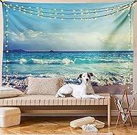 Vista 8 de Ambesonne Tapiz de isla tropical, olas del océano en la playa de Seychelles al atardecer horizonte, decoración de tela para colgar en la pared