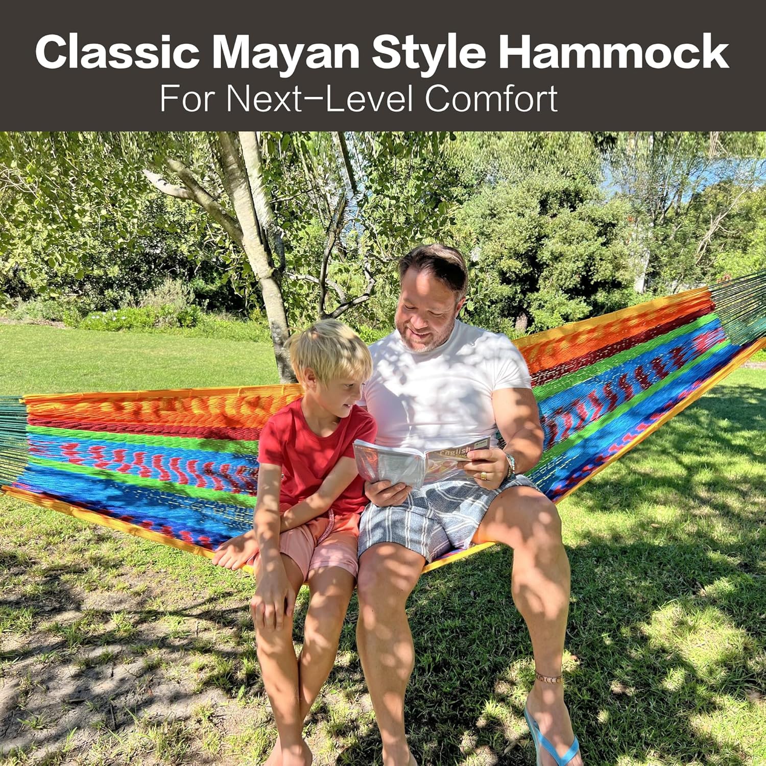 CHULIM Handwoven Mayan Hammock with 10ft Tree Straps, 550lbs Capacity Soft Rope Double Hammock, Portable Outdoor Hammock with Carry Bag for Camping Backyard Beach - Multi Color