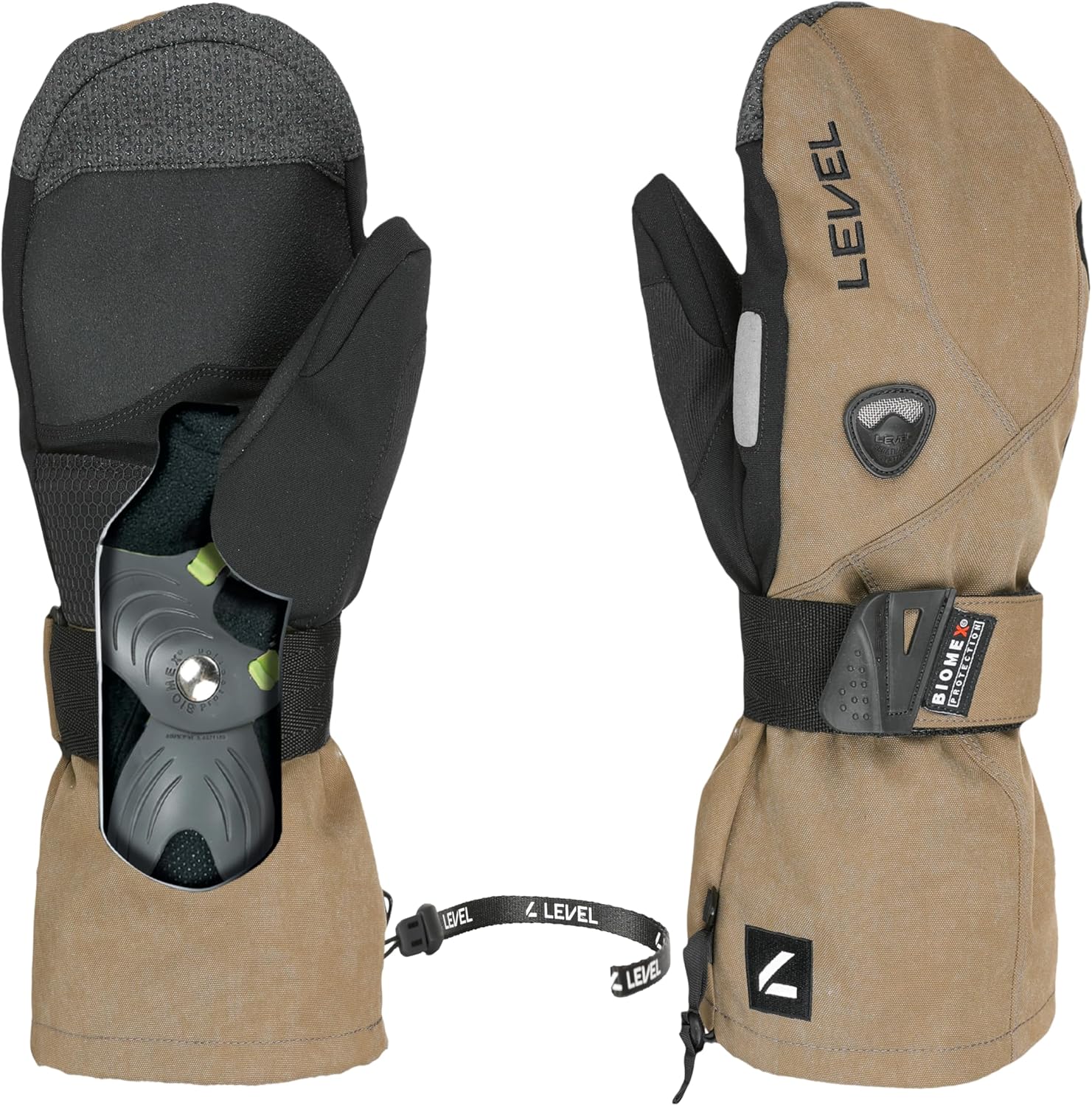 Level Fly Ski & Snowboard Mittens – Biomex Wrist Protection, Membra‑Therm Plus Waterproof Insert, Over‑Cuff Gauntlet w/Elastic Cord, Removable Fleece Liner, Warmth Index 3000 – Olive Green, 10 - XXL