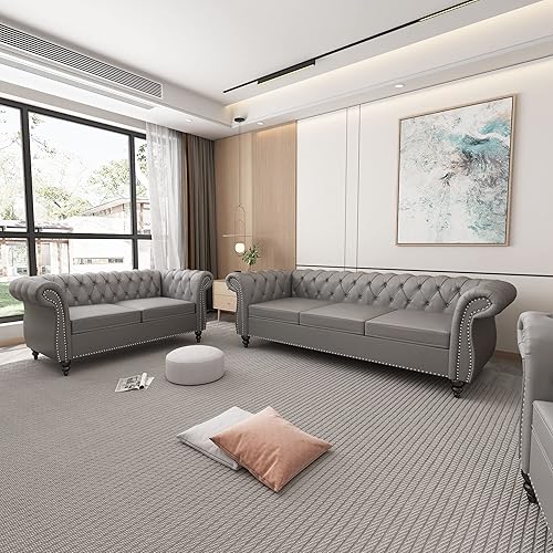 Miniatura 49 de Juego de 2 piezas para sala de estar, sofá loveseat Chesterfield de terciopelo con silla, brazos enrollados y tachuelas para sala de estar, oficina