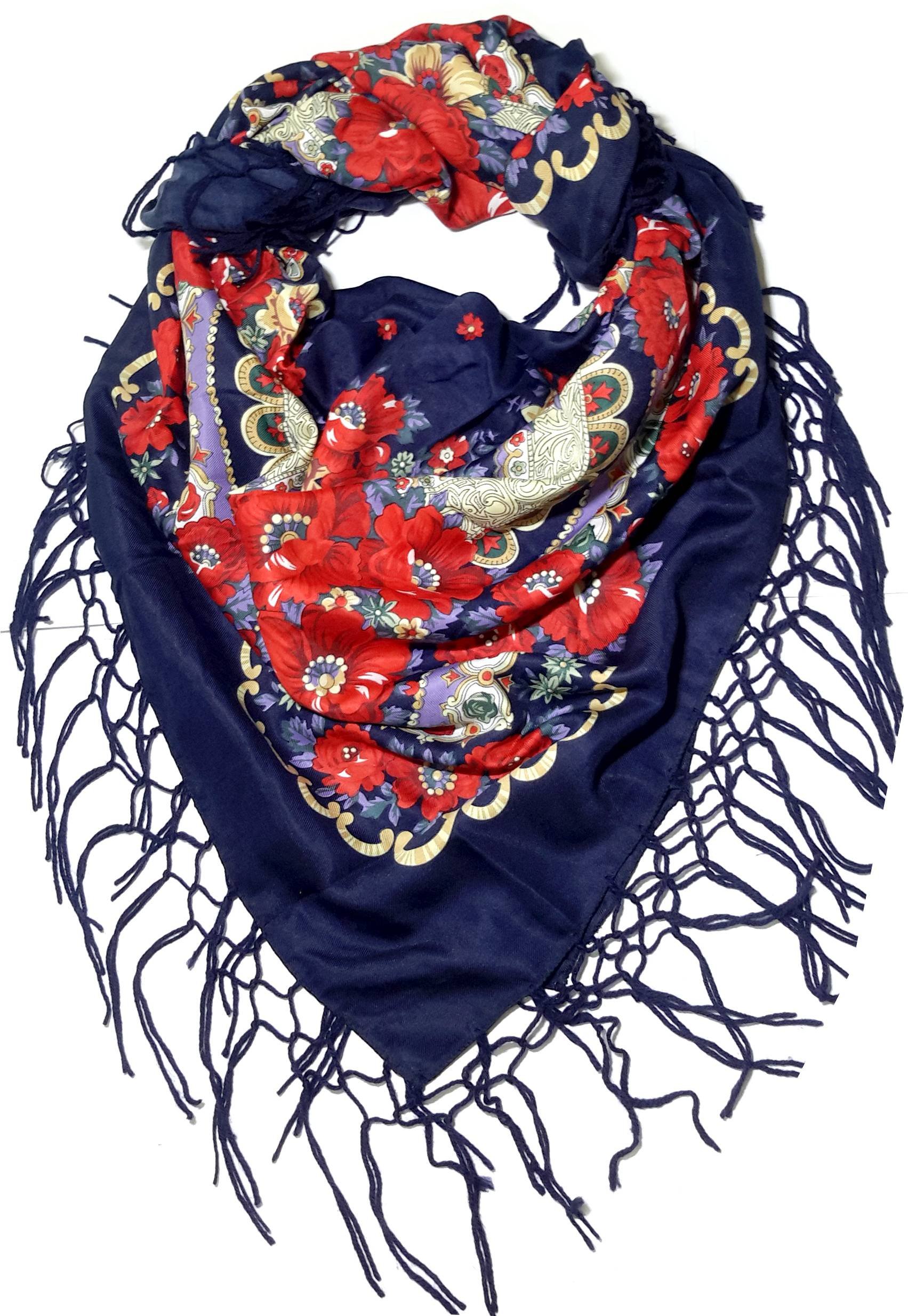 Polish Folk Scarves & ShawlsTraditional Polish Folk Shawl with Fringes - Victorian Collection, Navy, One size