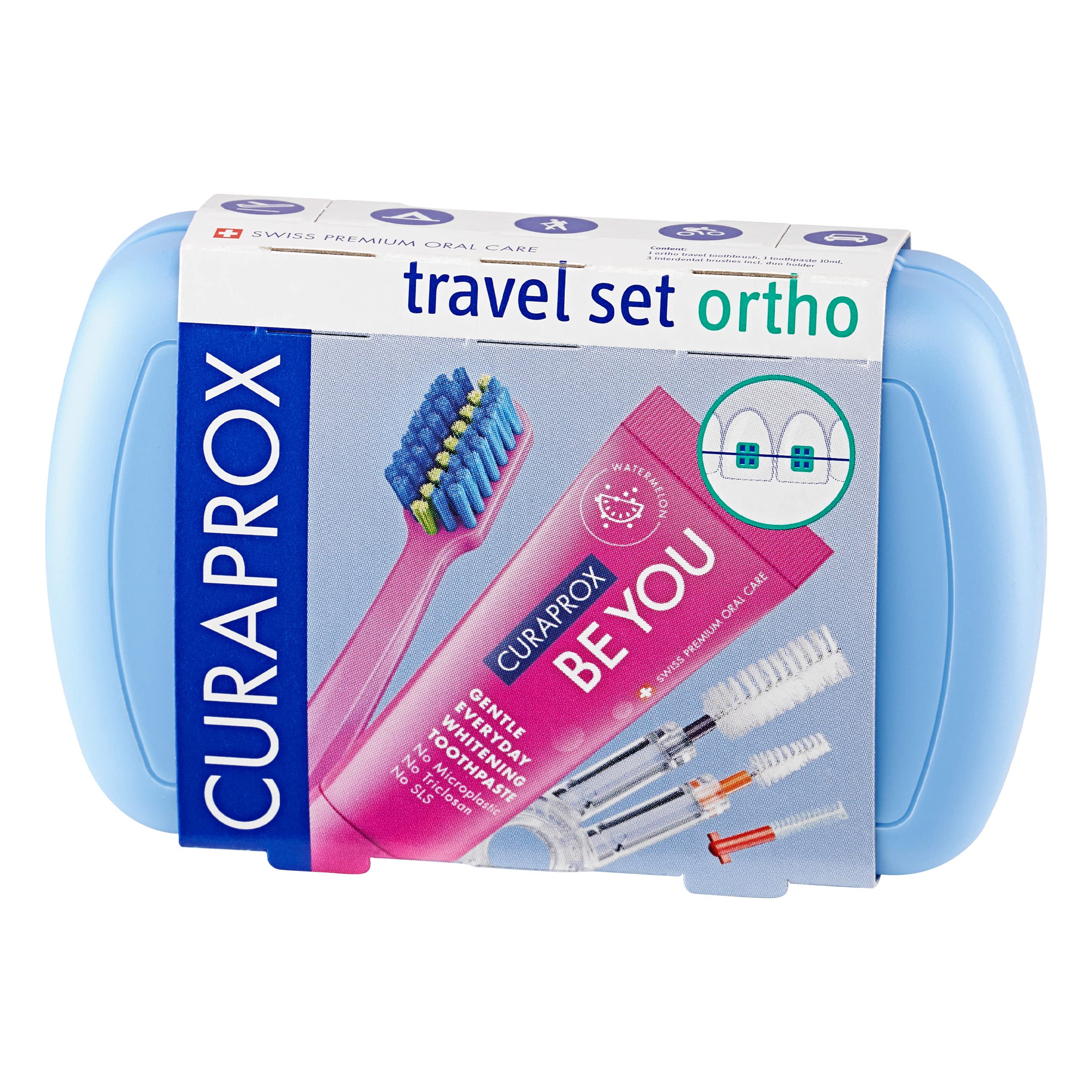 Curaprox Travel Set Ortho Blue I Includes CS 5460 Travel Toothbrush, 10ml Be You Toothpaste, CPS Prime 07 & 09 Interdental Brushes I Compact Oral Care Kit for On-the-Go
