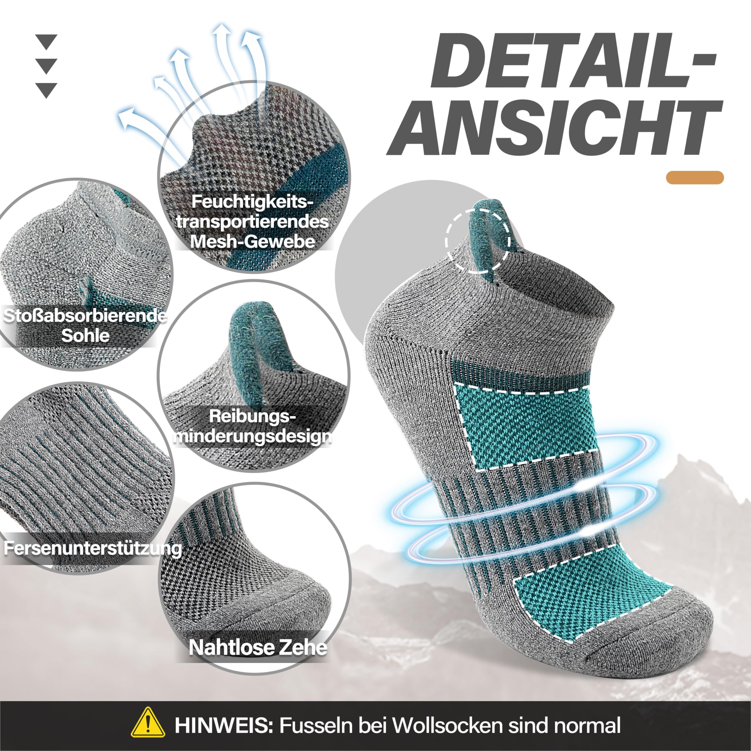 MOSEY KOSY Merino Kurz Wandersocken Sneaker Socken, Warme Wolle Laufsocken, Kompressions Sportsocken Thermosocken Wollsocken für Herren Damen 6 Paar