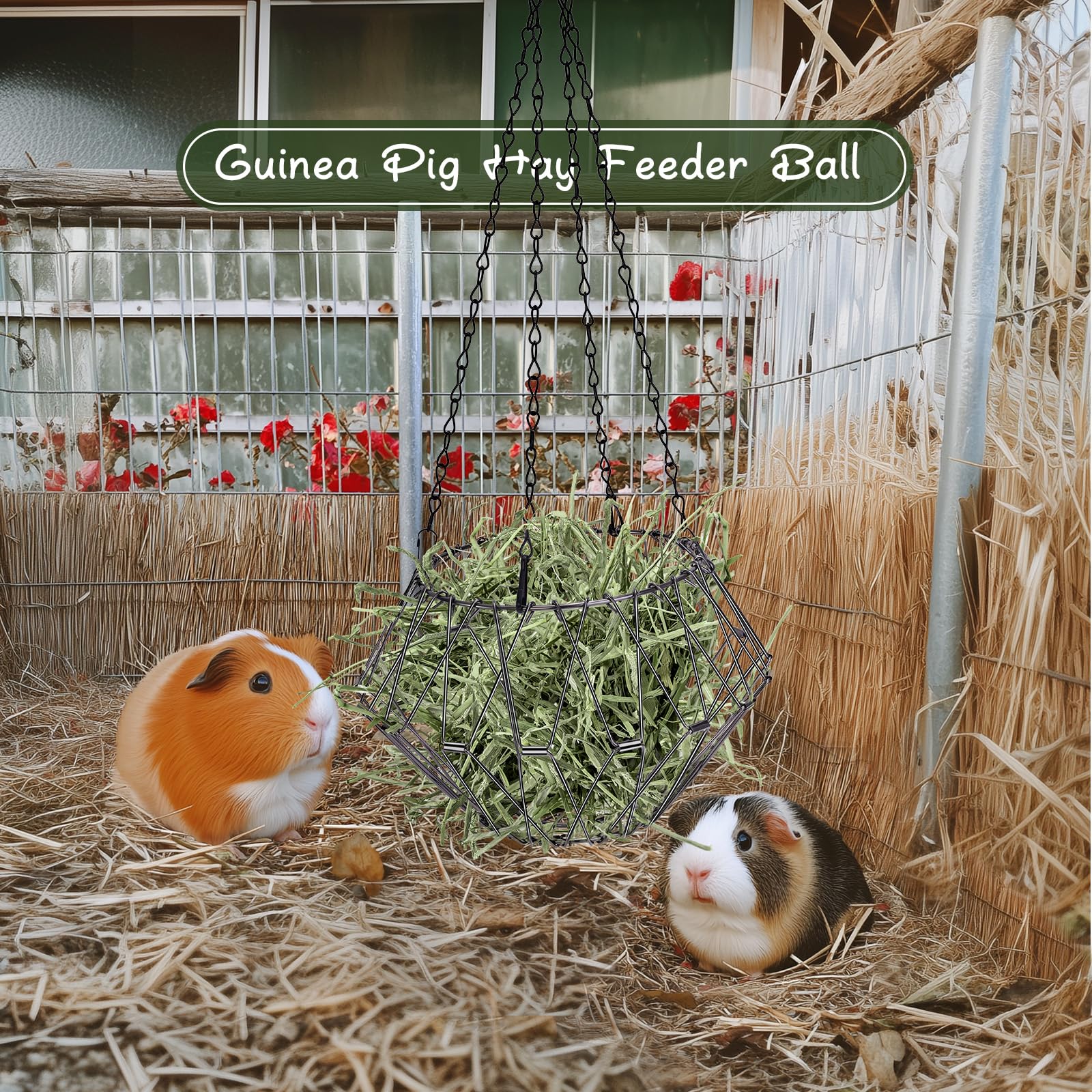 Kaninchen Heuraufe, Hasen Futterstation, Meerschweinchen Spielzeug Zubehoer, Food-Ball mit Meerschweinchen Haus aus Holz Mit Hängematte, 2 Rampe, Versteck für Zwerg Hamster Rennmäuse