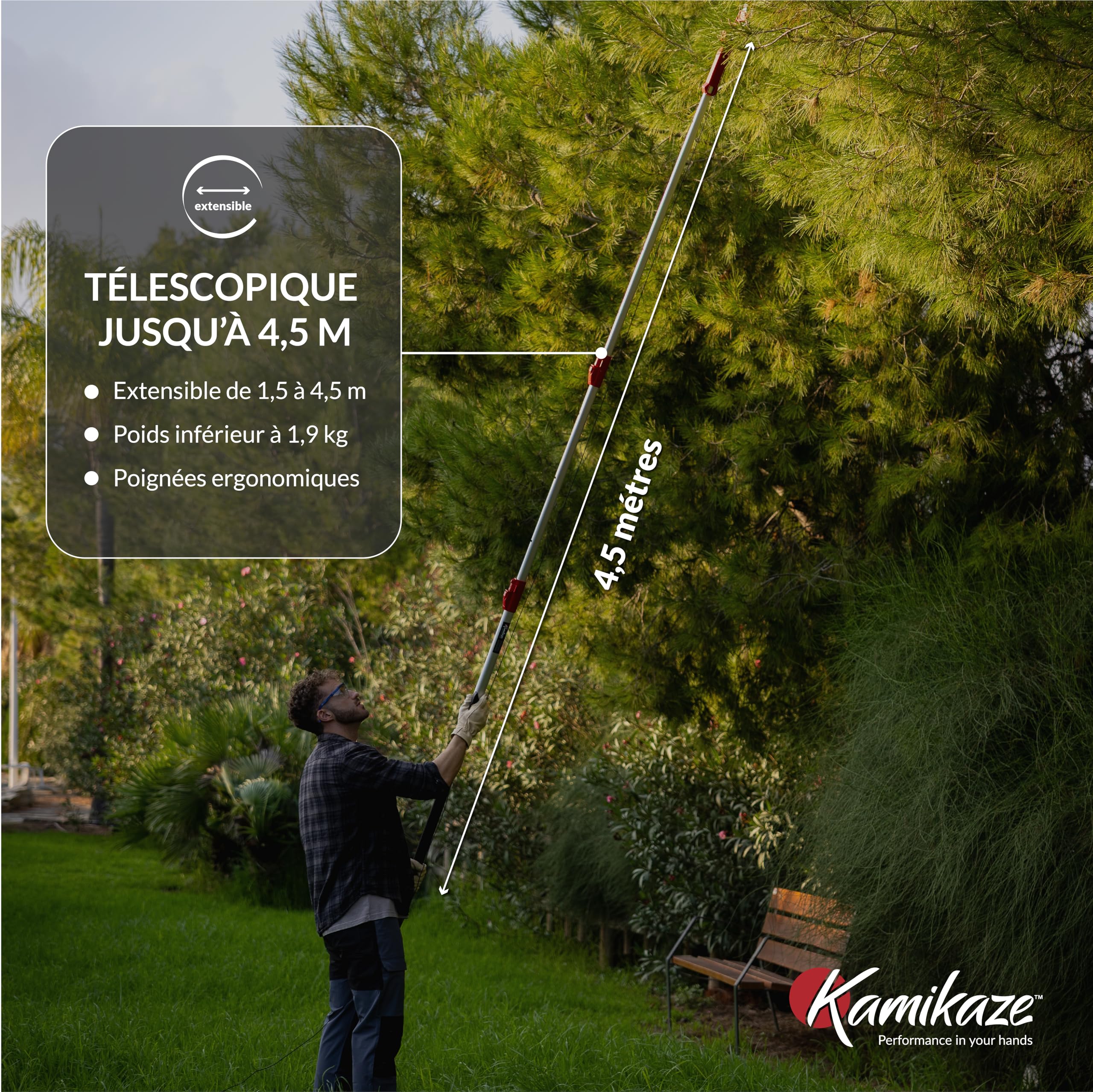 KAMIKAZE Perche multi-outils télescopique de 1,5 m en aluminium anodisé Poignées en polypropylène rouge compatible avec scies MT330-BH Turbo, MT360-BH Turbo et ciseaux MT-63