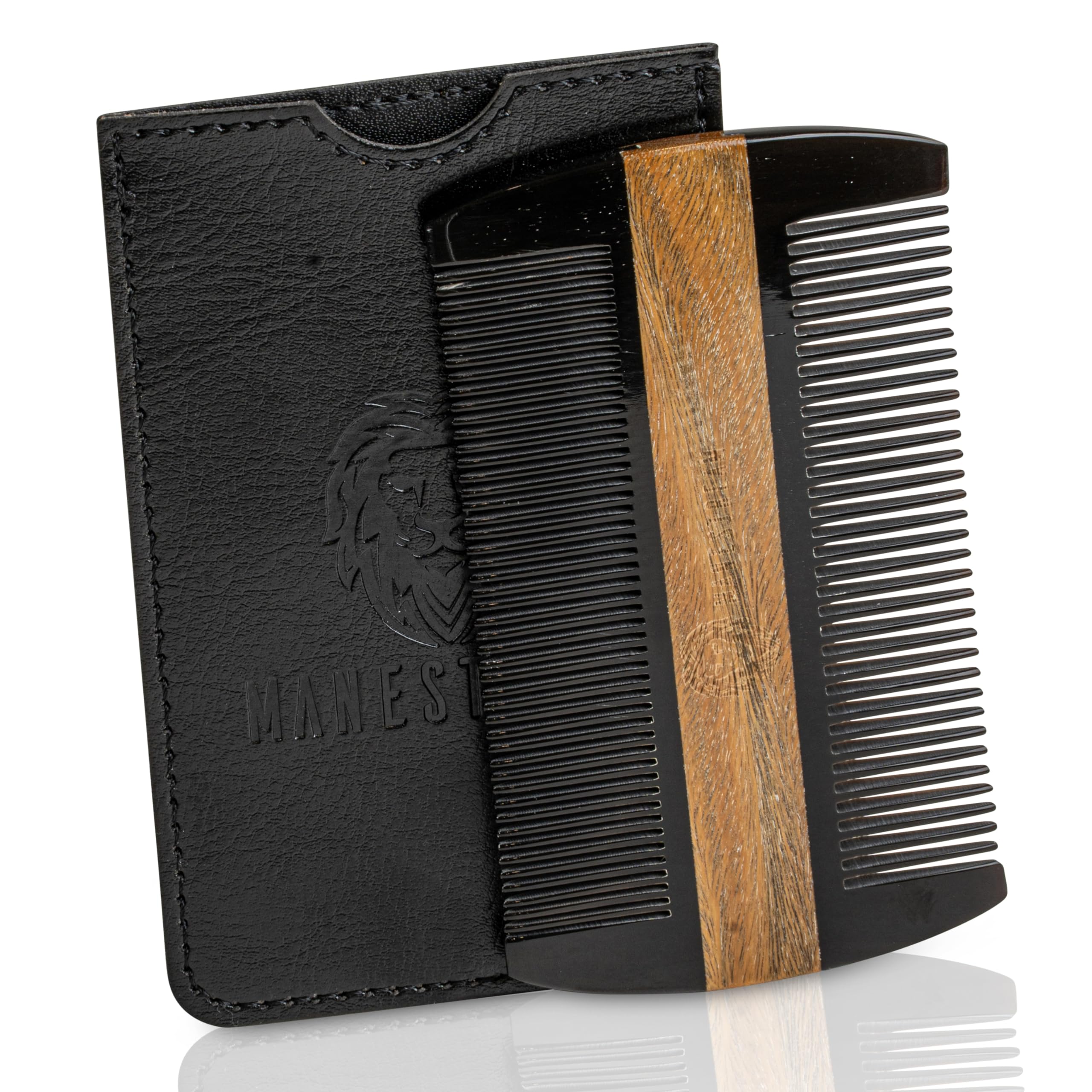 MAN & MANEPremium Natural Ox horn and Sandalwood Dual-Action Beard Comb with Black Protective Case – the Perfect Beard Mustache Grooming Companion Gift for Men –