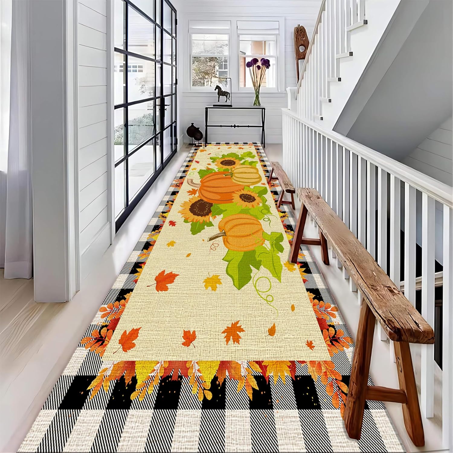 Fall Kitchen Rugs, 3.3x7ft, Hello Pumpkin Black White Buffalo Plaid Entrance Carpet, Low Pile Breathable Absorbent Printed Carpets for Floor Indoor Front Door