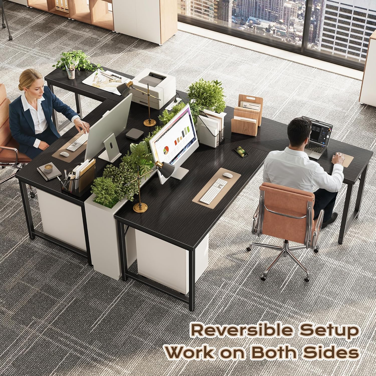 Huuger 55 Inch L Shaped Desk with Power Outlets and USB-C Port, Reversible Computer Desk, Larger Office Corner Gaming Desk, 0.95 Inch Thicker Desktop, Metal Frame, for Home Office, Study, Black thumbnail