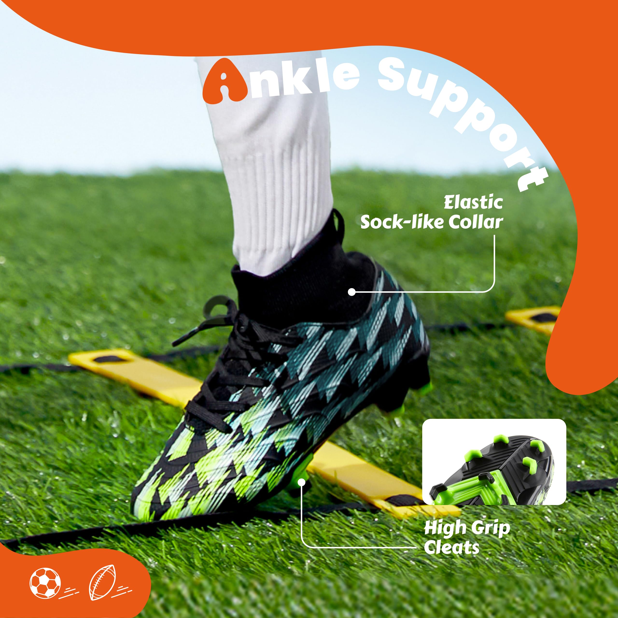 PATPAT Kids Soccer Cleats – Little Big Boys and Girls High Top Outdoor Firm Ground and Turf Football Training Shoes for Toddler Youth,Black/Green Sizes 6