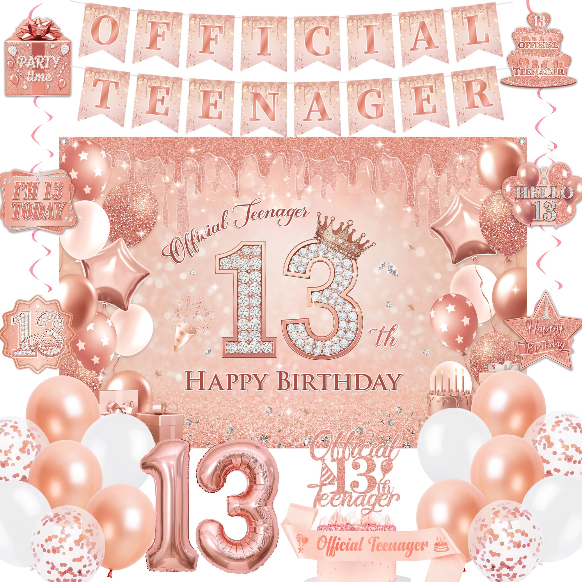 Official Teenager 13th Birthday Decorations - Rose Gold Happy 13th Birthday Backdrop Banner Balloons, Cake Topper Sash and Hanging Swirls for Girls 13 Year Old Party