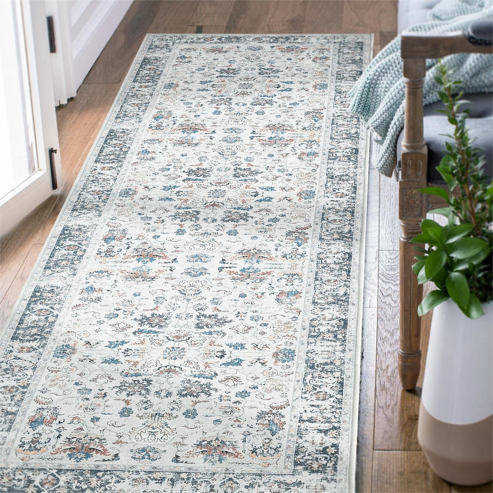 jinchan Area Rug 3x8 Washable Rug Runner Rug Door Mat Vintage Floor Doormat Entrance Mat Multi Floral Print Distressed Carpet Non Slip Boho Farmhouse Kitchen Living Room Dining Room