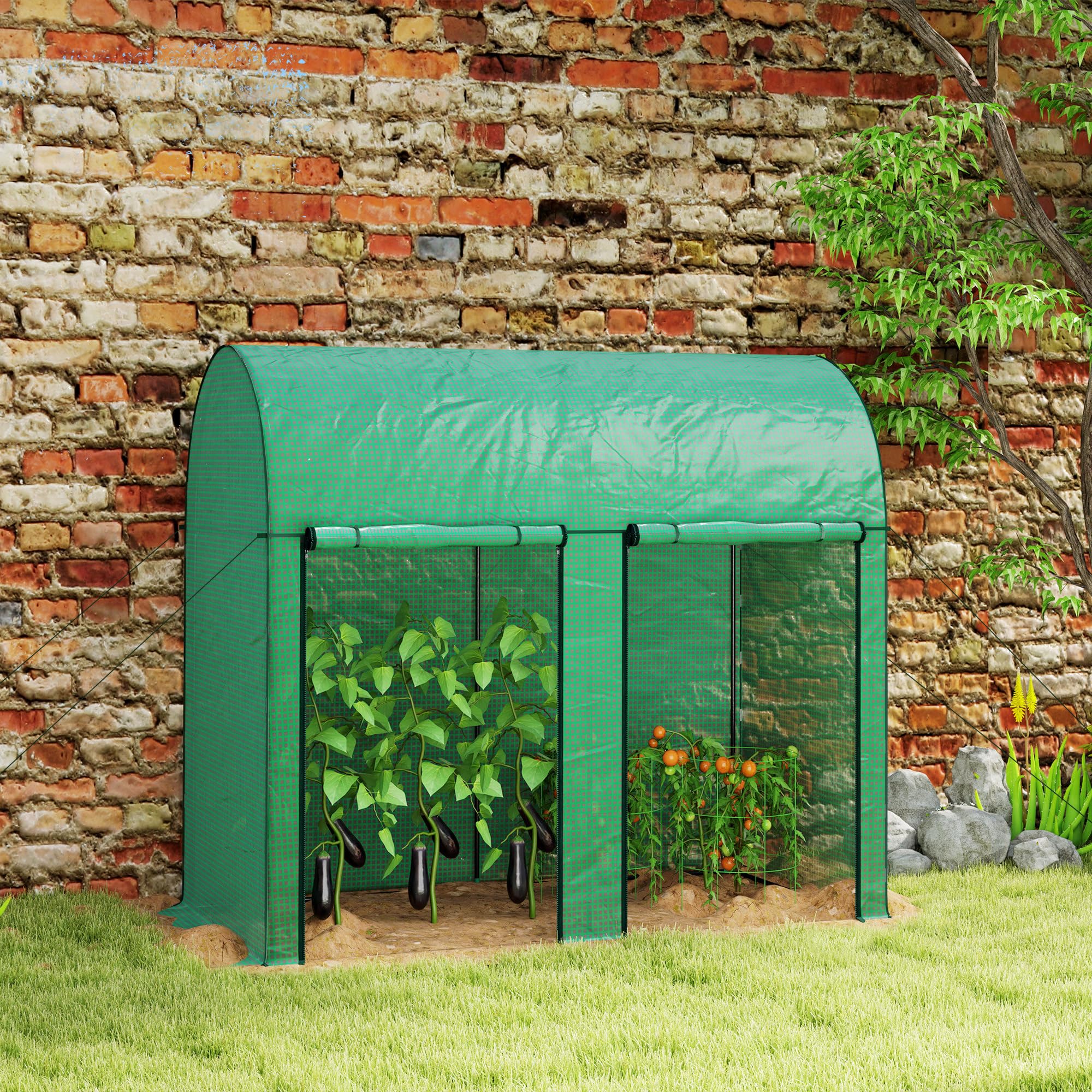 Outsunny Invernadero de Exterior Invernadero de Jardín con 2 Puertas Enrollables con Cremallera Marco de Acero y Cubierta de PE 140g/m² Anti-UV Impermeable para Plantas Flores 200x100x178 cm Verde