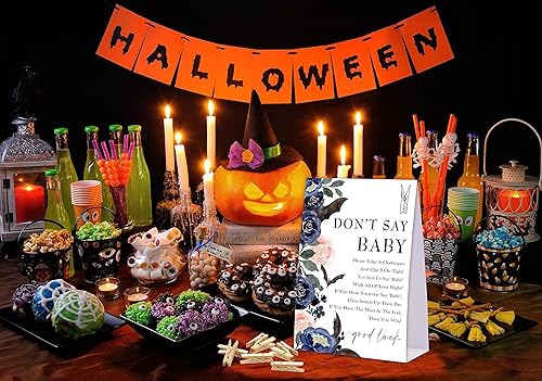 Miniatura 4 de Juego de pinzas para ropa de bebé, juego de baby shower de Halloween, un letrero de 5 x 7 pulgadas y 50 mini pinzas naturales para la ropa, género