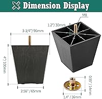 Vista 4 de Pernos de rosca métrica M8-1.25, patas de plástico para muebles, patas de sofá cuadradas negras de 4 pulgadas con tuercas de placa, reemplazo