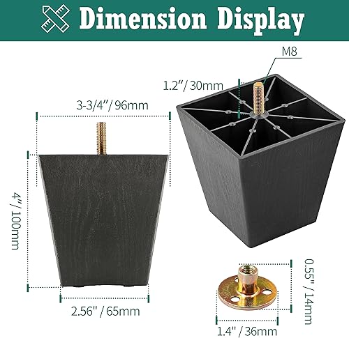 Miniatura 4 de Pernos de rosca métrica M8-1.25, patas de plástico para muebles, patas de sofá cuadradas negras de 4 pulgadas con tuercas de placa, reemplazo de