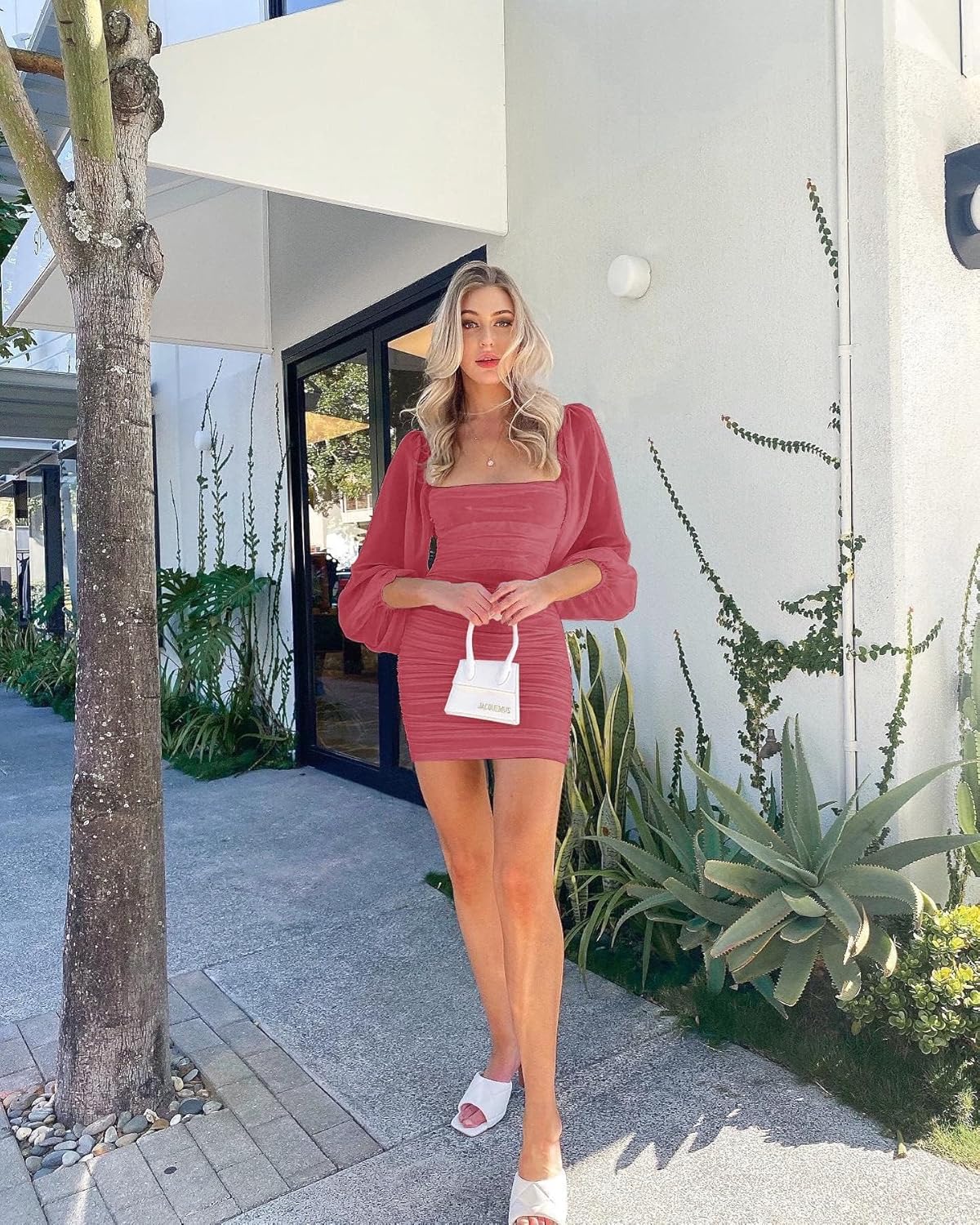 Ofenbuy Women's Mesh Long Sleeve Dress Square Neck Ruched Mini Bodycon Dress Stretch Party Cocktail Dresses - Image 2