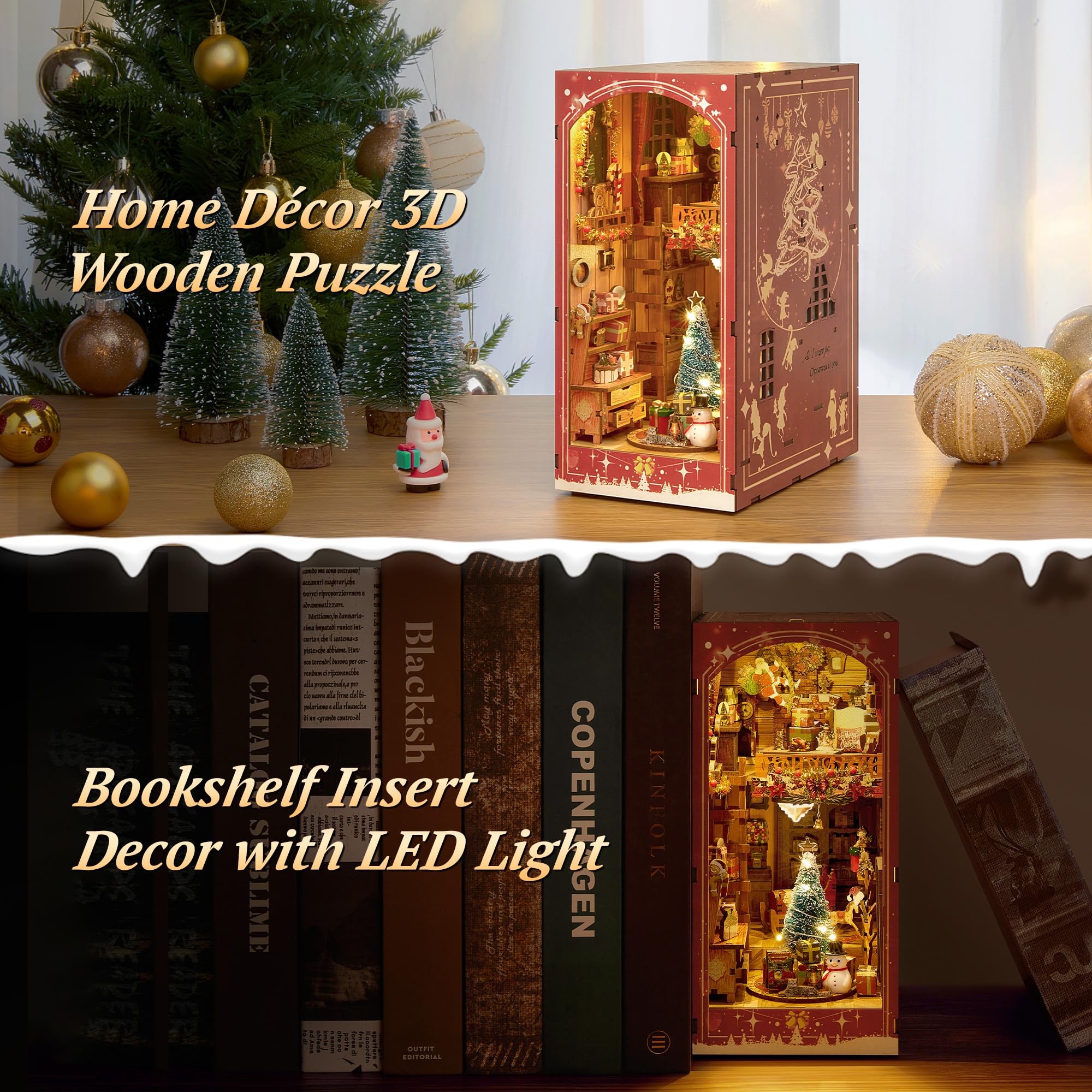 FUNPOLA – Kit De Niche à Livres De Noël 3D En Bois – 335 Pièces Avec LED – Déco De Noël Et Cadeau DIY – Pour Maison Et Fêtes