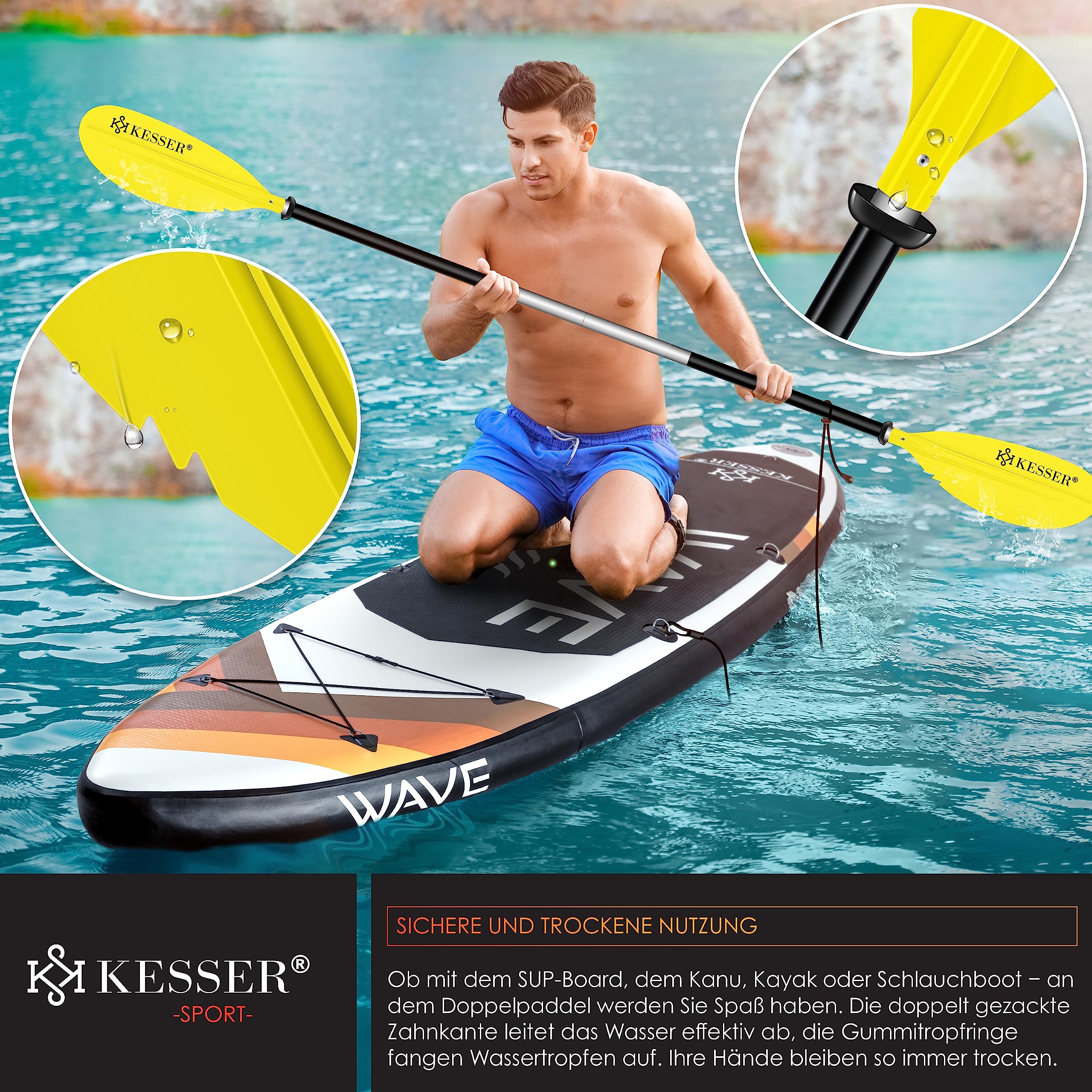 KESSER® Paddle Doppia pagaia – 4 Pezzi per Canoa Kayak SUP Stand-Up Paddling Board Poggiapiedi in Alluminio, 228 cm, Super Leggera per gommoni, Stand Up Paddle, Kayak, Surf, Barca