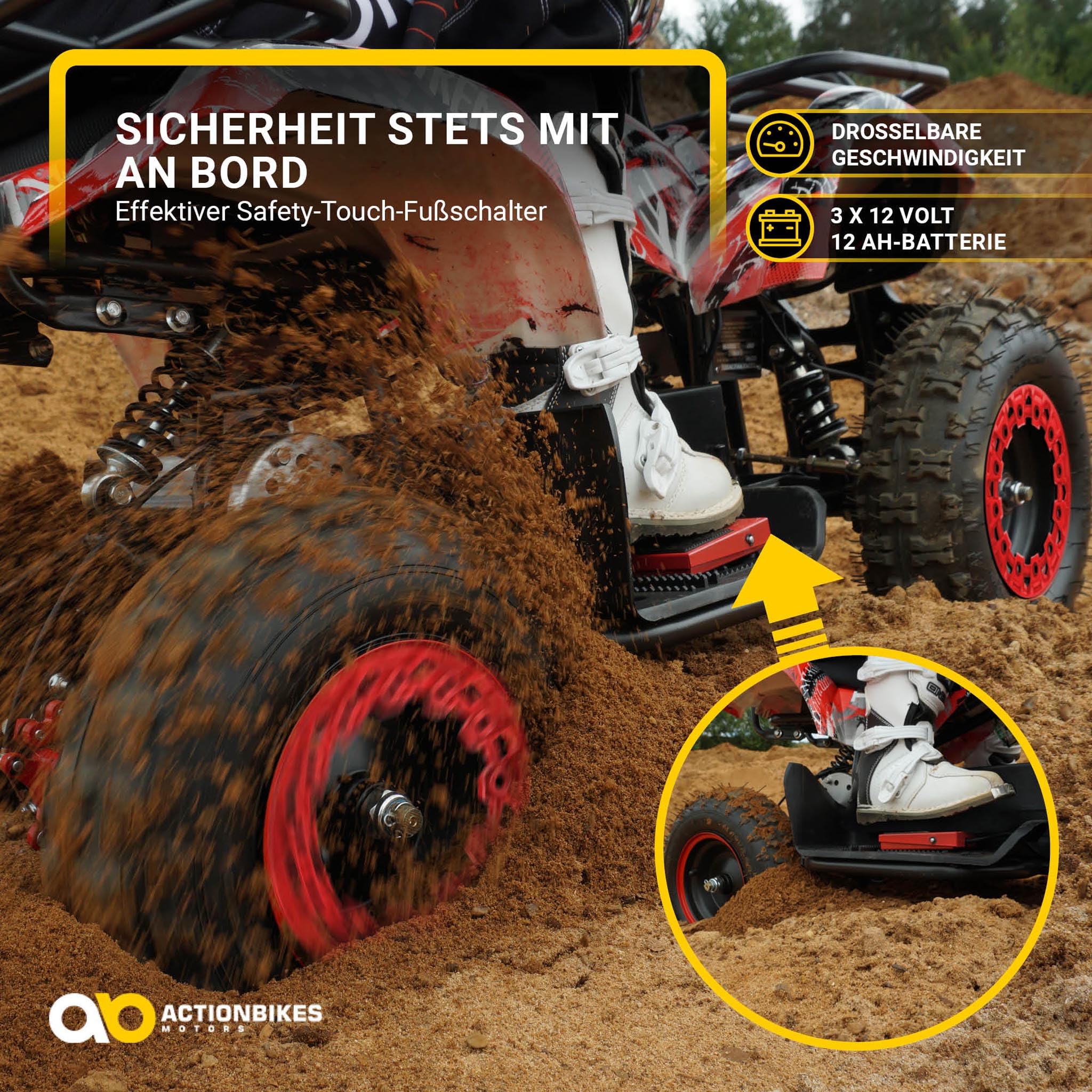 Actionbikes Motors Kinder Quad Elektro ATV Torino | 𝟑𝟔 Volt 𝟭𝟬𝟬𝟬 Watt Motor bis 𝟐𝟒 km/h - Kinderquad - Pocket Quad - Safety Fußschalter - Miniquad - Für Kinder ab 8 Jahren (Gelb Graffiti)