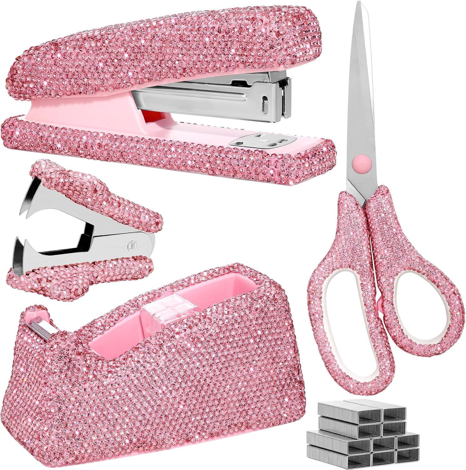 SlowVibes 4pcs Bling Pink Stapler and Tape Dispenser Set with Rhinestones | Pink Scissors & Staple Remover with 1000 Staples | Sparkle Desk Accessories for Women | Glitter Office Supplies for Girls