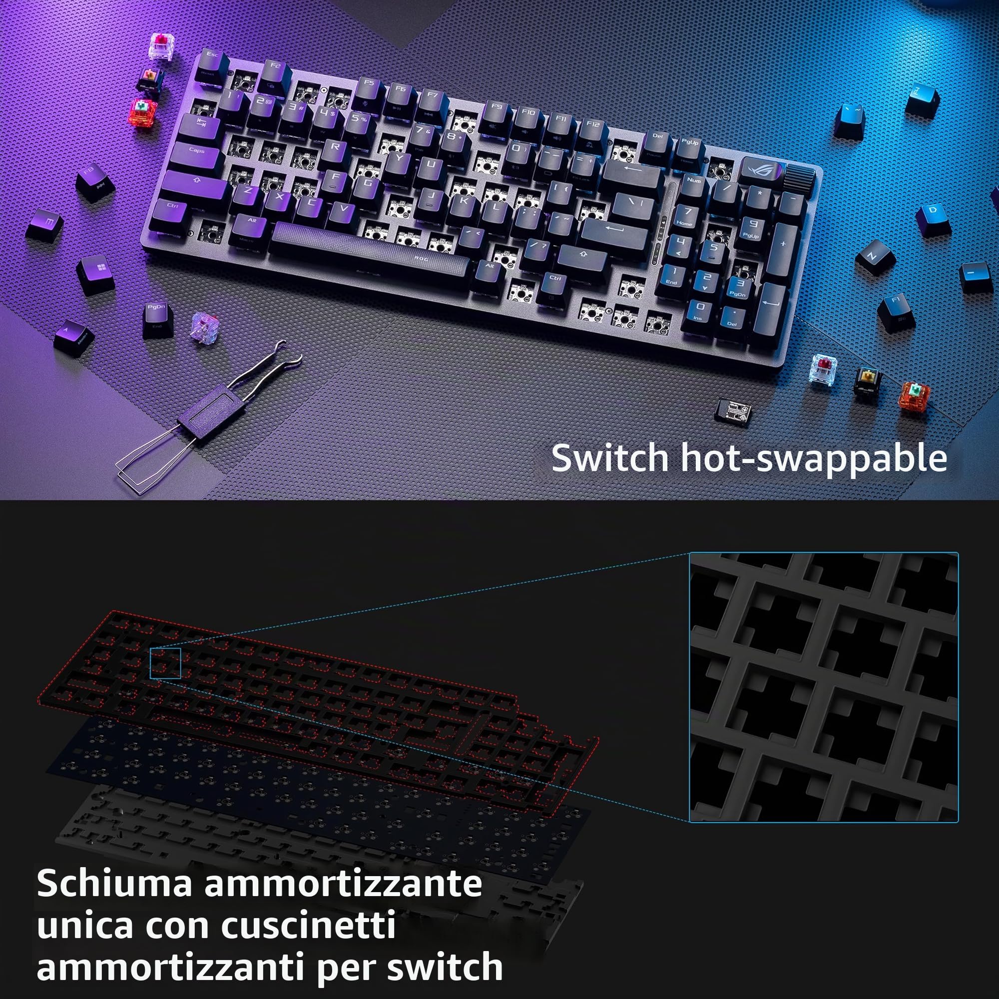 ASUS ROG Strix Scope II 96 Wireless - Tastiera meccanica da gioco - tri-modalità, comandi multifunzionali, switch e stabilizzatori ROG NX Snow e Hot-swap, 3 angoli di inclinazione e poggiapolsi