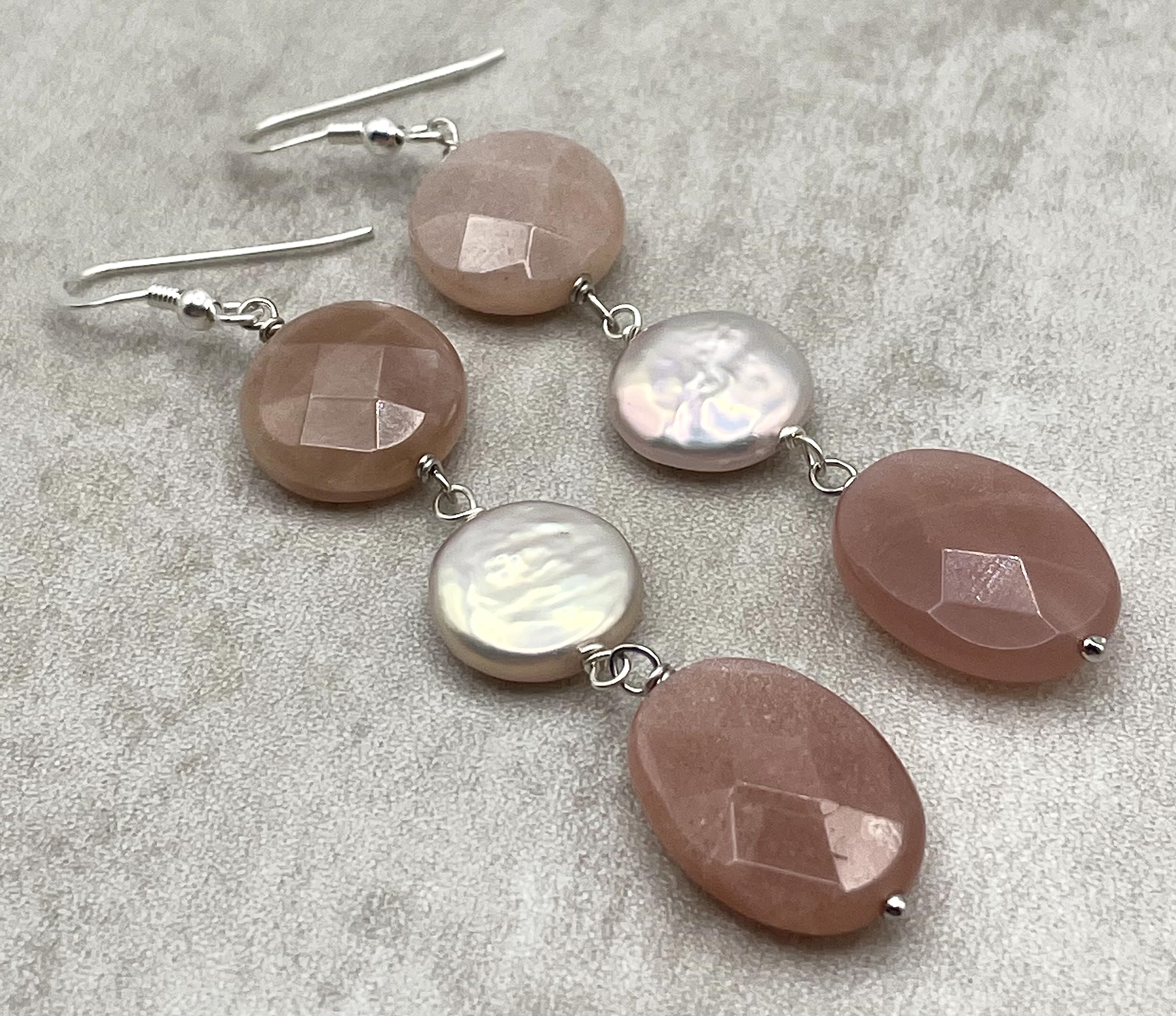 Orecchini con Perle Rosa e Pietra del Sole Beige, Pendenti in Argento 925, Gioielli Artigianali Moderni, Bijoux Pietre Naturali, Regalo