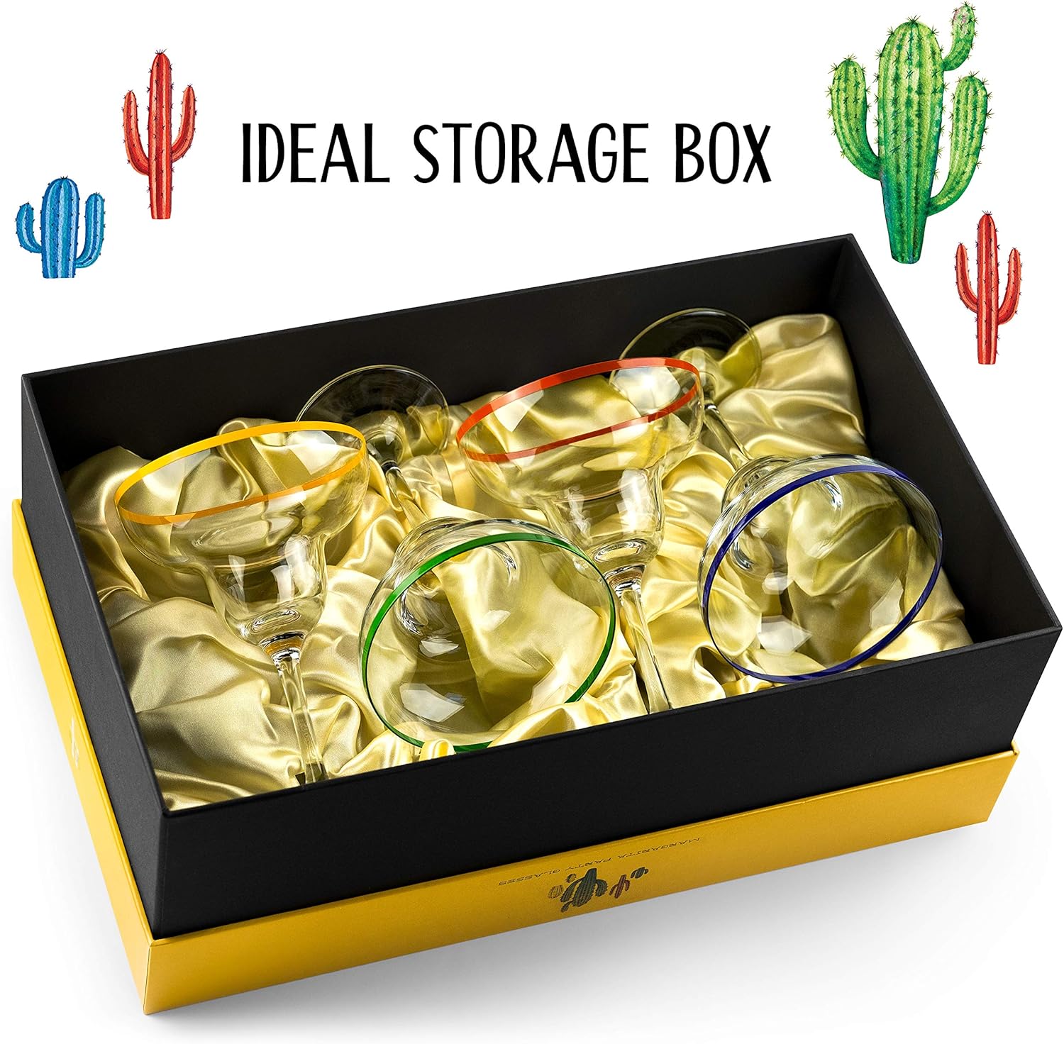 10 oz Margarita Cocktail Glasses + Colorful Party Rims | Set of 4 | Classic Frozen Drinks Stemware + Fun Cactus Gift Box | Thick Stem, Heavy Duty, Clear Hand Blown Glassware Drinking Set - Image 6