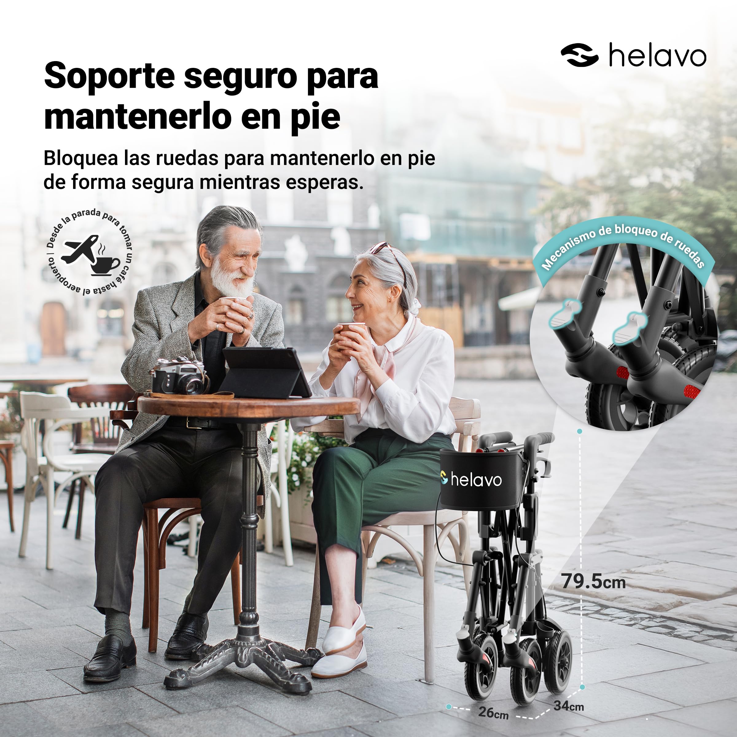 Helavo Andador de viaje plegable y ligero con asiento para personas mayores, andador doble plegable completamente premontado, ruedas de poliuretano de 8 pulgadas, asas ajustables en altura