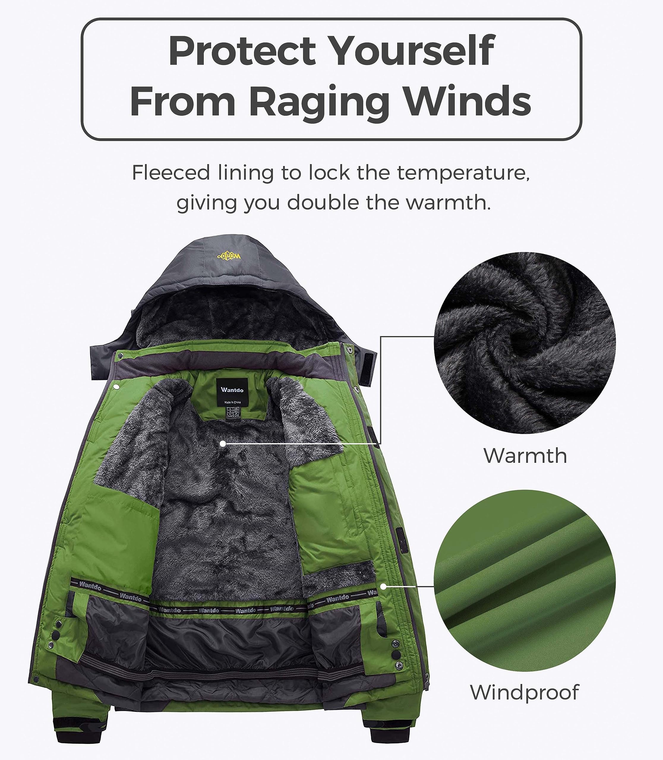 Wantdo Giacca da Sci Montagna Calda Invernale Parka da Neve Imbottita Cappotto da Snowboard in Pile Giubbotto con Cappuccio Impermeabile Uomo