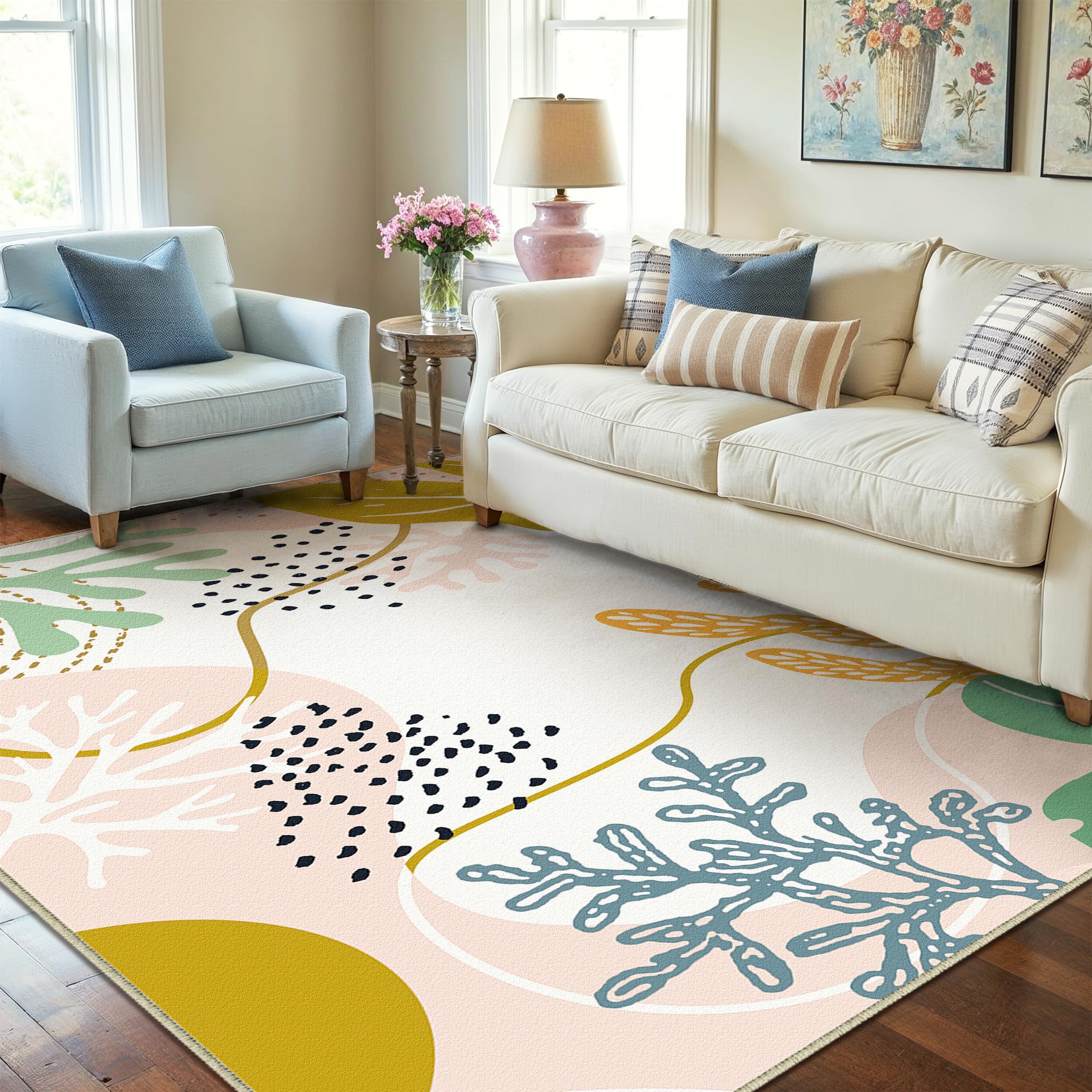 PureCozy 4x6 Pink Washable Area Rugs for Living Room Small Non Slip Indoor Cute Soft Throw Low Pile Kids Nursery Rug Thin Coral Print Carpet for