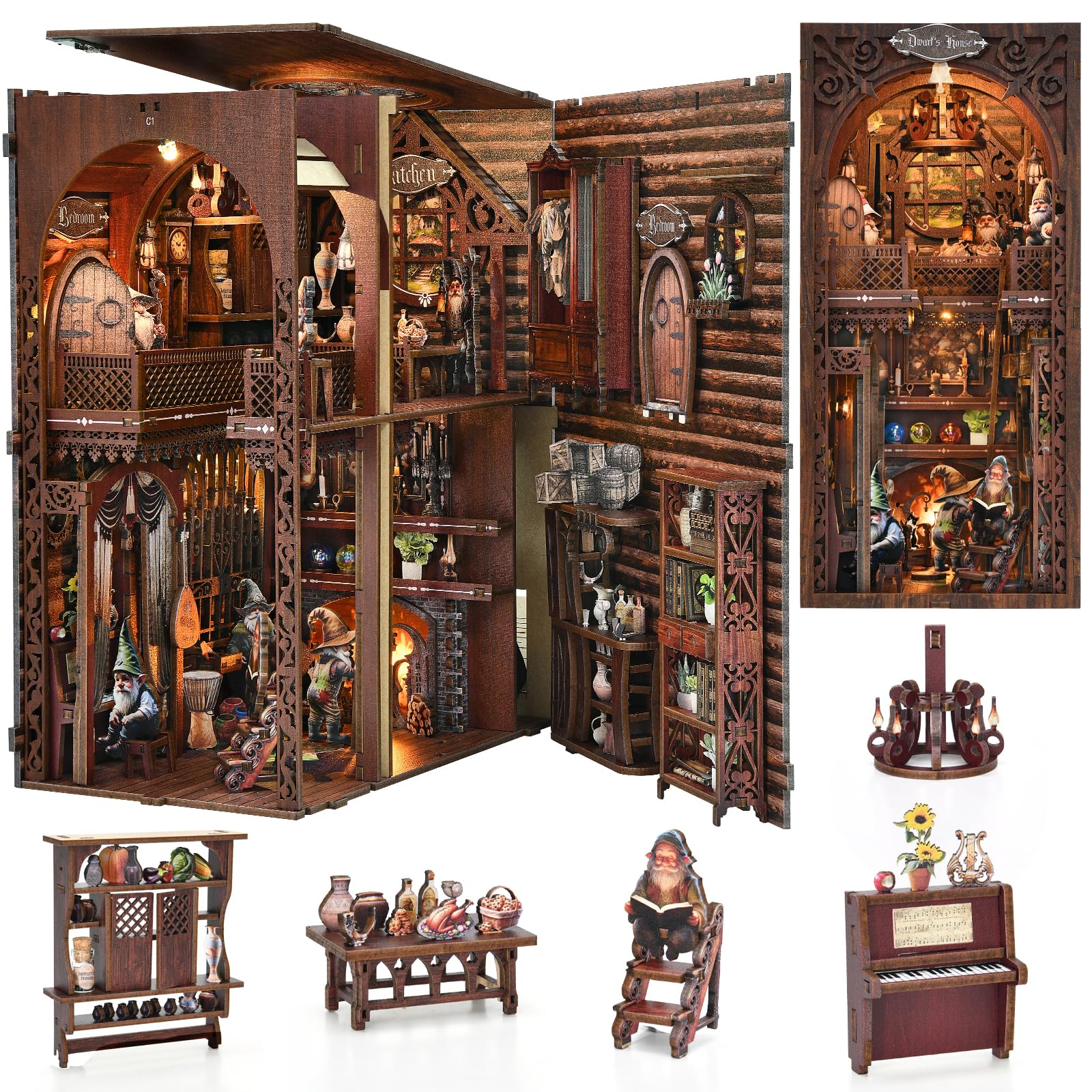 TOYQI Book Nook Kit, Book Nook Kits for Adults, DIY Miniature Dollhouse Kit 3D Wooden Puzzle Booknook Bookend with LED Light