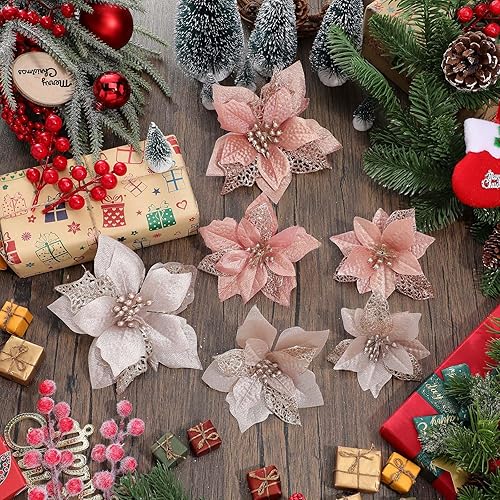 Vista 10 de Boao 24 Pieces Christmas Artificial Glitter Poinsettia Flowers Xmas Flowers Wedding Christmas Tree New Year Ornaments(Green)