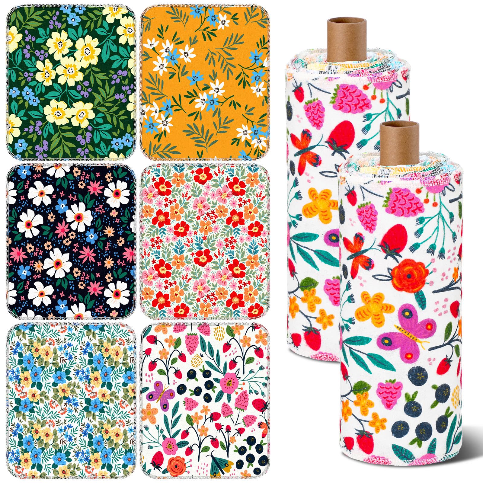 Redbaker 60 Pcs Flower Reusable Paper Towels Rolls Washable Paperless Paper Towels Bulk Cloth Cotton Napkin with Cardboard Reusable Napkins for