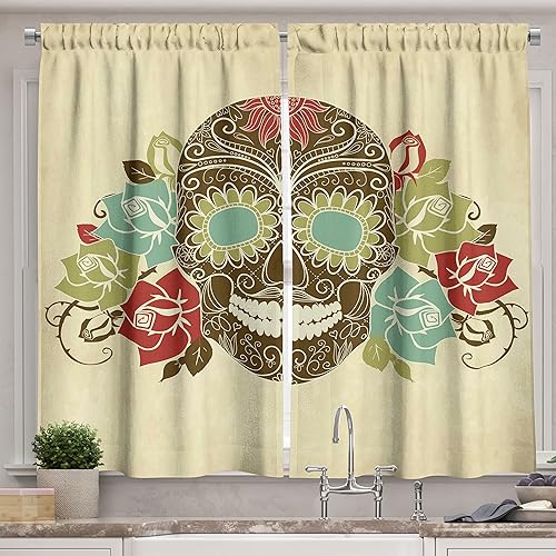 Ambesonne Cortinas de cocina de calavera de azúcar, calavera y rosas, composición vintage colorida con cara gótica sonriente, juego de 2 paneles