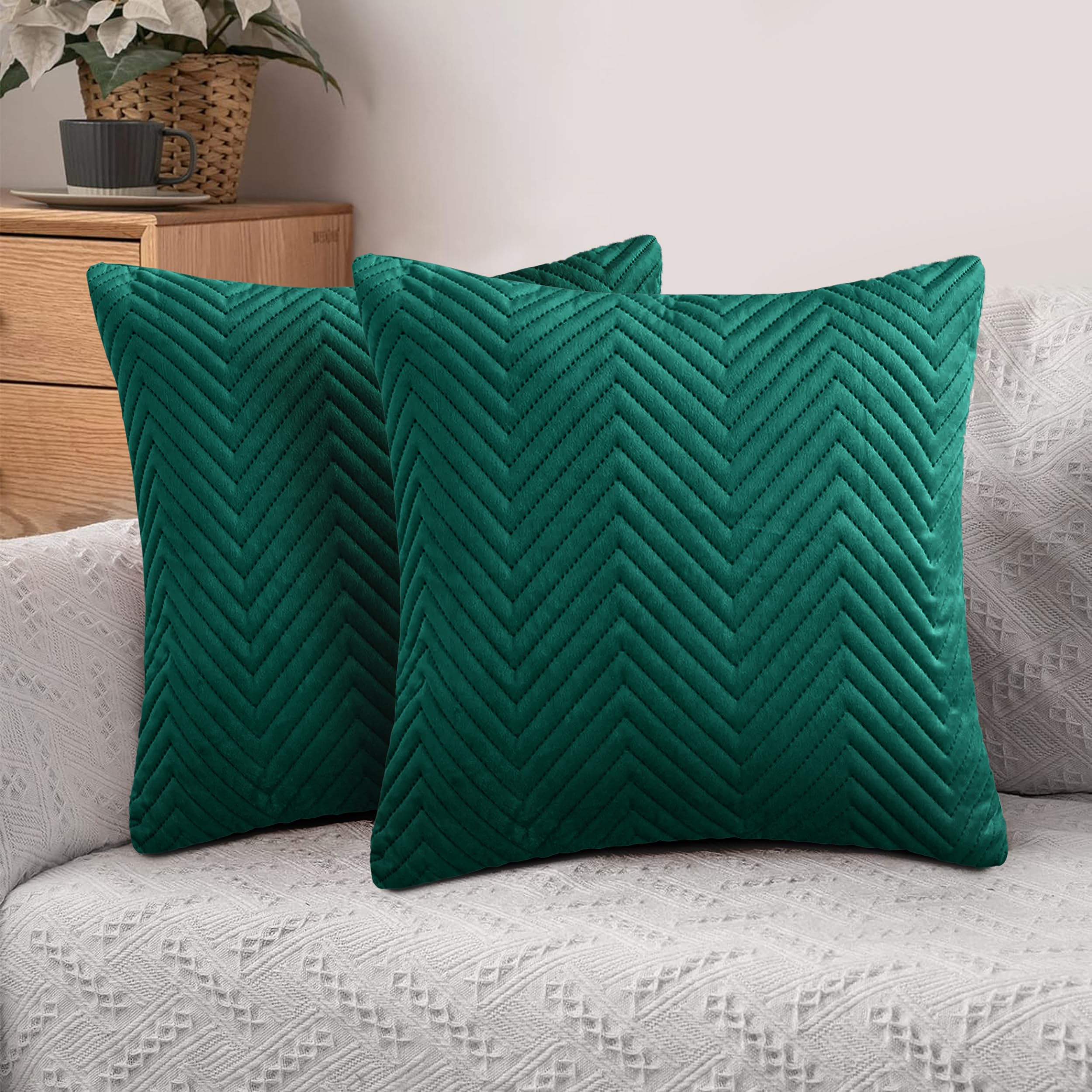 Hafaa Cushions with Covers Included 45 x 45 Cm Set of 4 (2 Emerald Cushion Covers, 2 Cushion Inserts) Ultrasonic Velvet Square Throw Pillow Case Decorative Sofa Cushion with Invisible Zipper