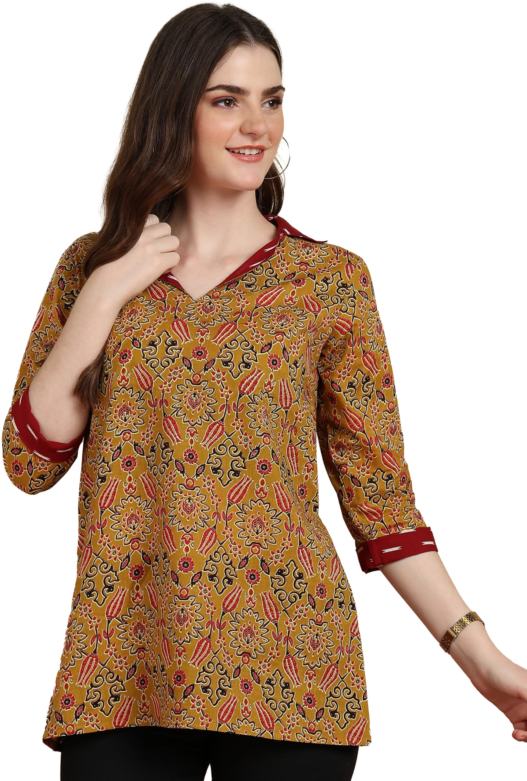 Yash Gallery Women's Cotton Regular Fit Ajrakh Print Waist Length Collared Neck 3/4th Sleeve Top