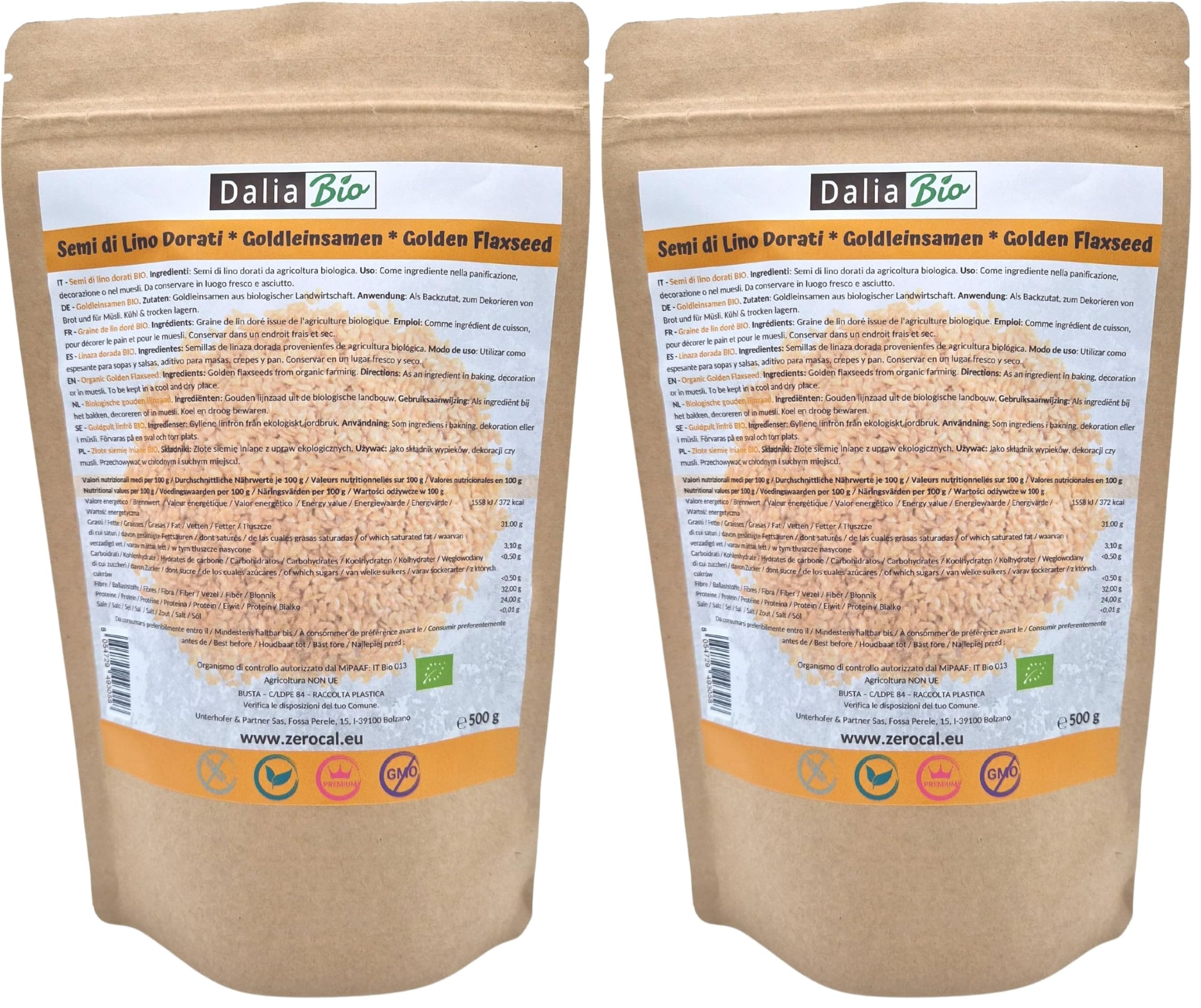 Dalia Bio GOLDLEINSAMEN 500g in BIO-Qualität | Leinsamen in gold, naturbelassen und rein pflanzlich | Hochwertige Quelle für Ballaststoffe und Omega-3 | Glutenfrei (Packung mit 2)