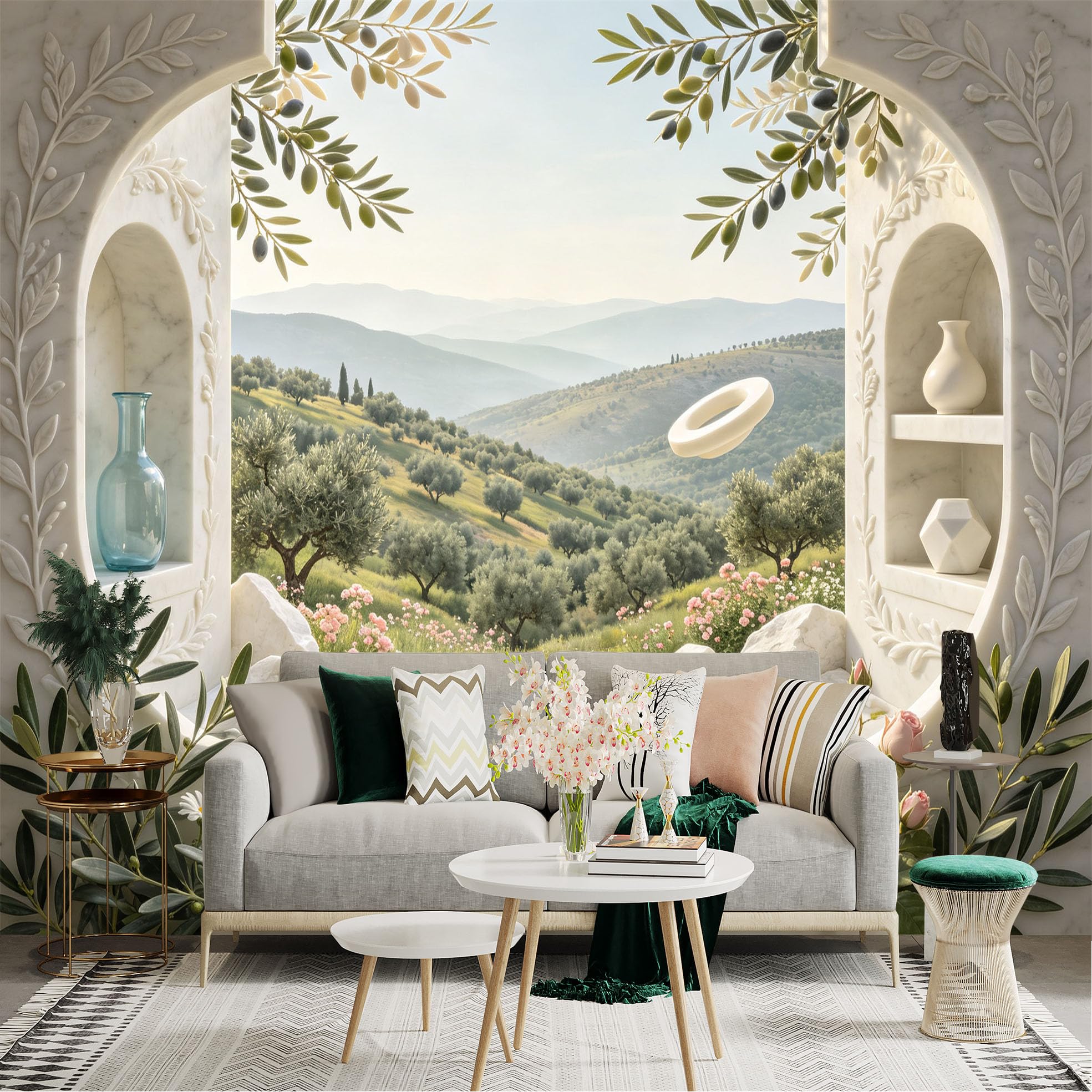 Lnzczhyre Bh260719254 Custom Size Wall Sticker Mural， Mediterranean Landscape， Marble Arch View， Olive Trees And Flowers， For Wall Decoration， Peelandstick Wall Decals.