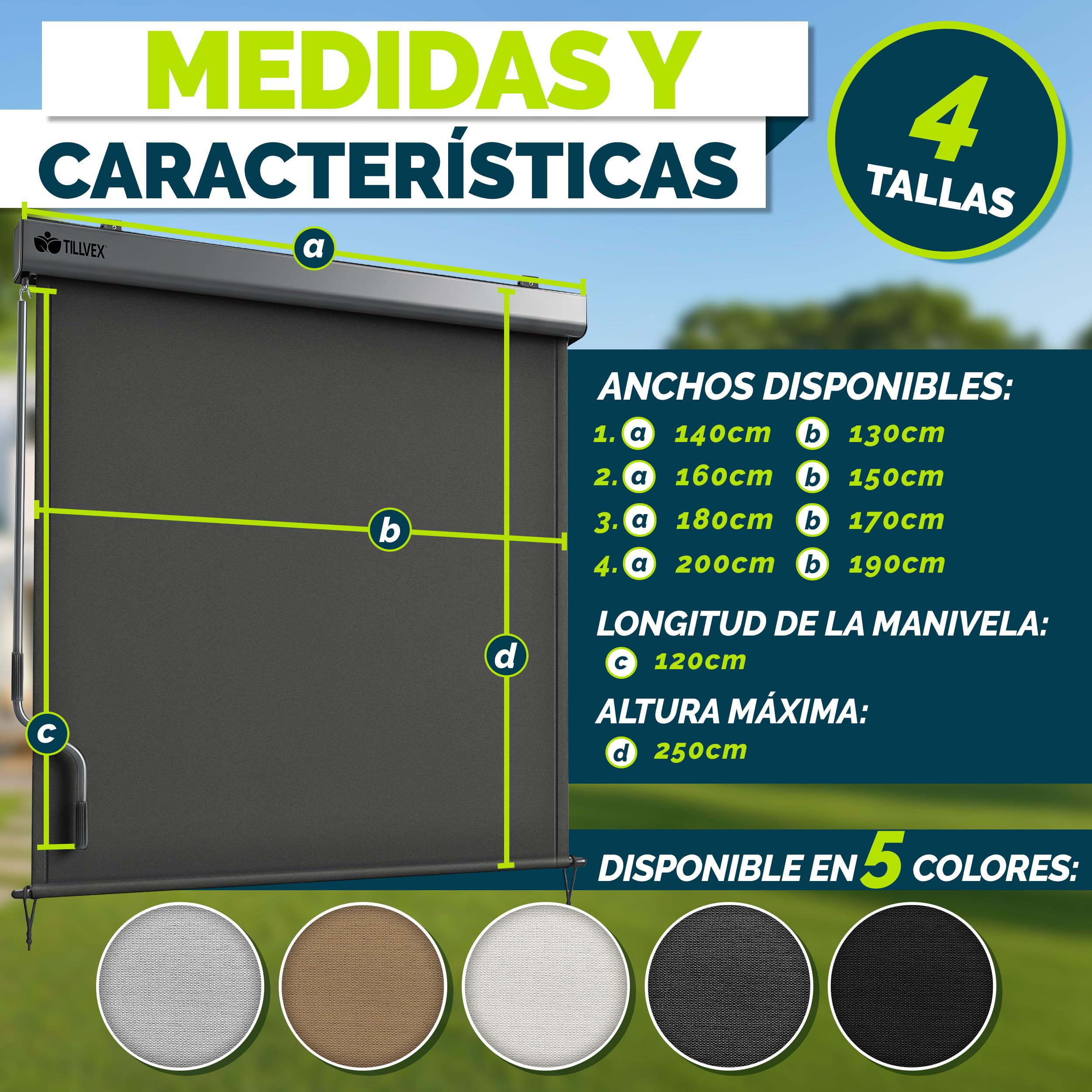 tillvex® Toldo Vertical de 200 x 250 cm para Exterior e Interior con Cubierta | Resistente al Agua con manivela para balcón, terraza y jardín | Estor para balcón, protección Solar de Aluminio