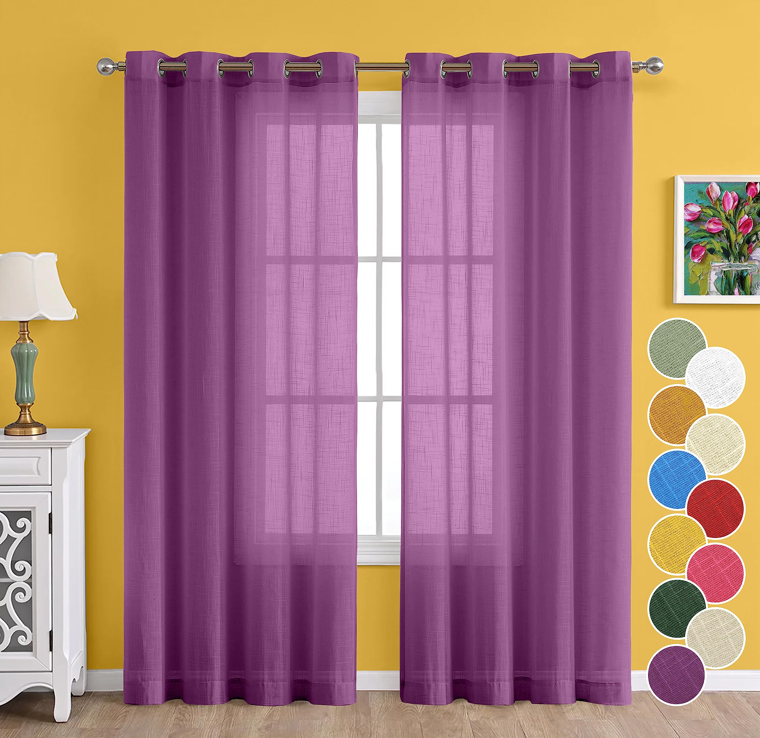 THE LINEN COMPANY Cotton Linen Solid Door Curtain with Eyelet Rings- 4.5 x 7 Feet (Set of 2 -Plum) | Sheer