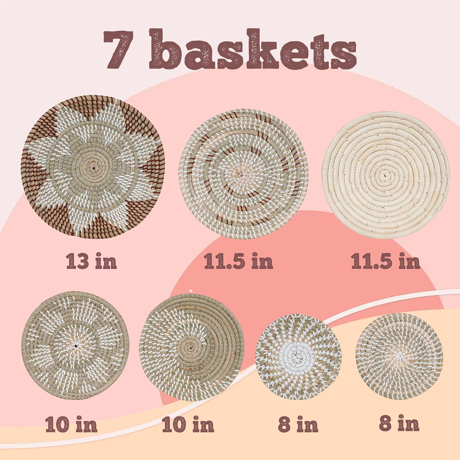 SeaVibe BOHO – Set of 7 Handwoven Seagrass Wall Baskets | Coastal Boho Wall Decor | Beachy Accent Hanging Baskets | Natural Woven Wall Art | Neutral Blue Home Decor