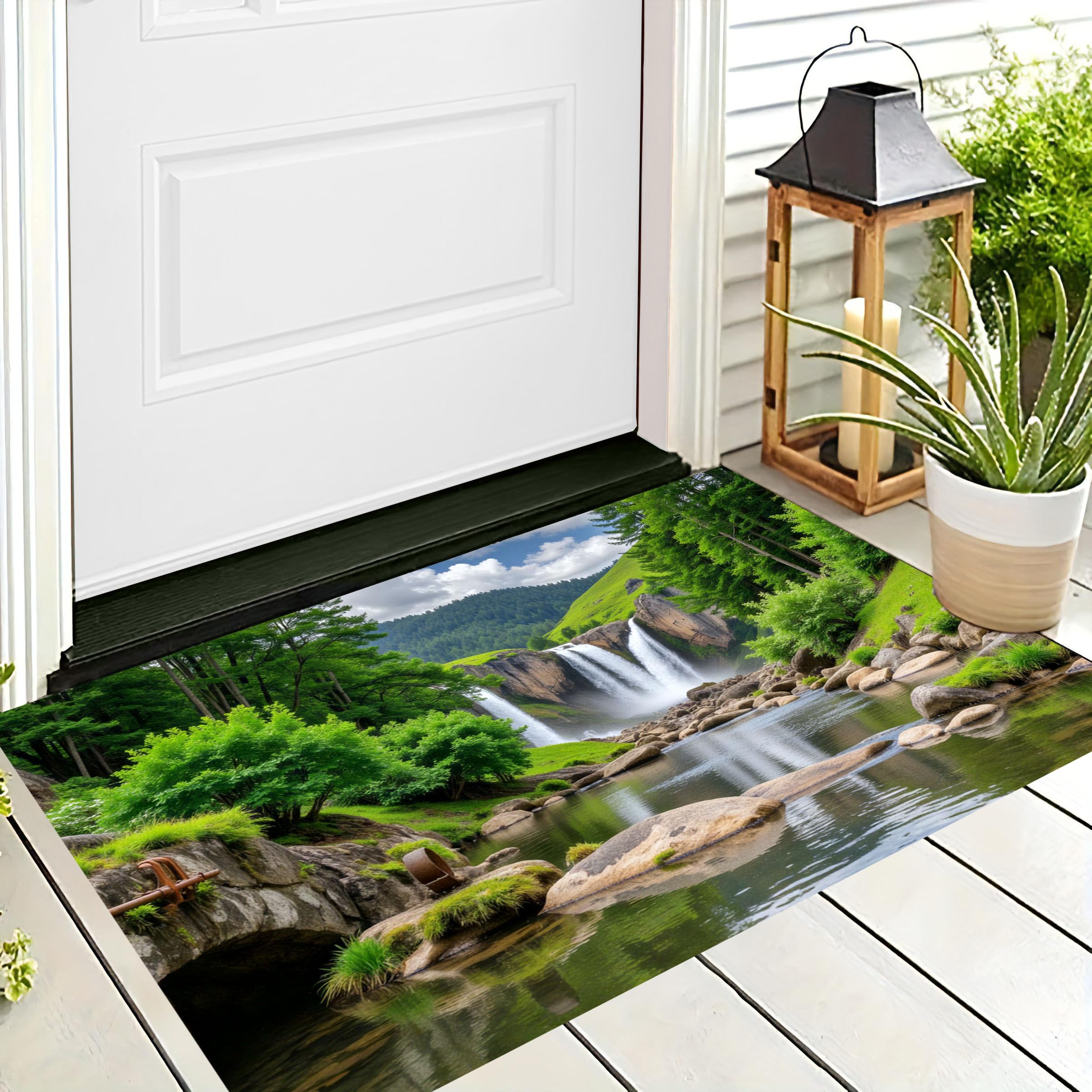 Tapis de sol pour intérieur et extérieur vert 50x80cm motif cascades et forêts