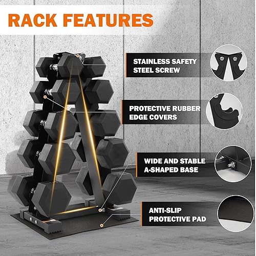 Miniatura 4 de Fitvids Rubber Coated Hex Dumbbell Weight Set and Storage Rack, 100LB or 150LB or 200LB Sets, 5-20 lbs or 5-25 lbs or 10-30 lbs Pairs