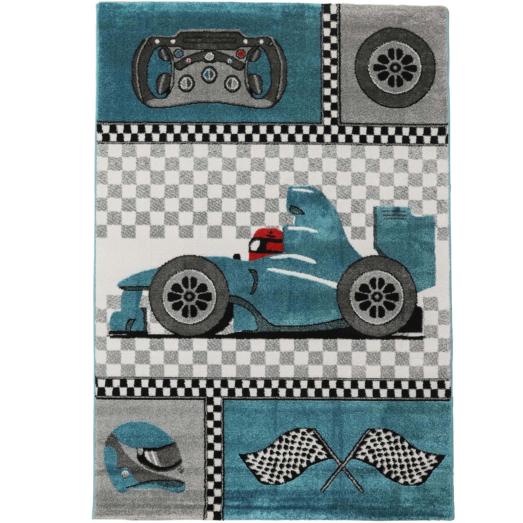 SIMPEX Kinderteppich Rennwagen Design Blau 120x170 cm Rechteckiger Spielteppich für Jungs Hautfreundlich & Farbenfroh
