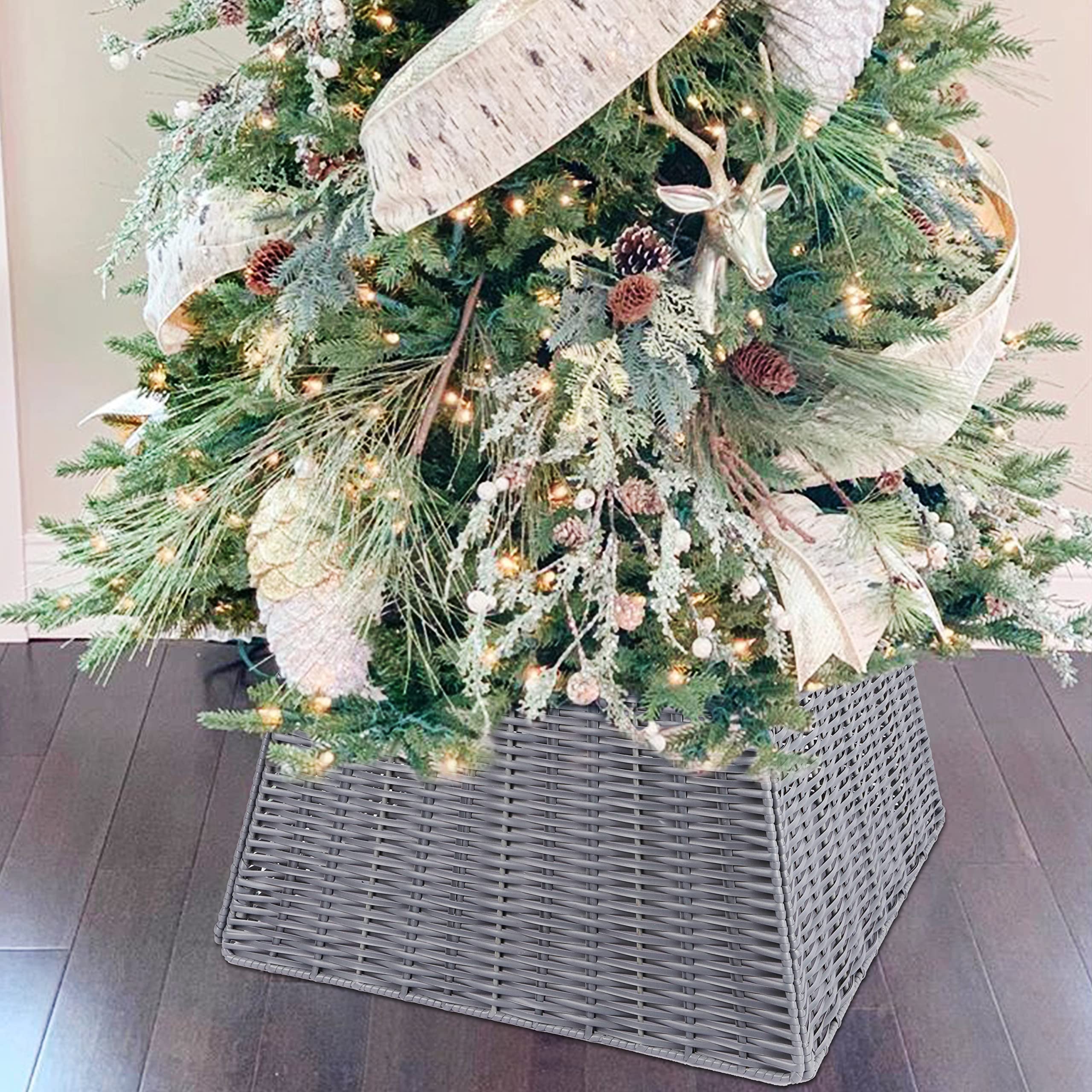 Jupe De Sapin De Noël Ronde En Rotin Tissé - Collier Sapin Robuste 12 Anneaux Plastique Recyclé