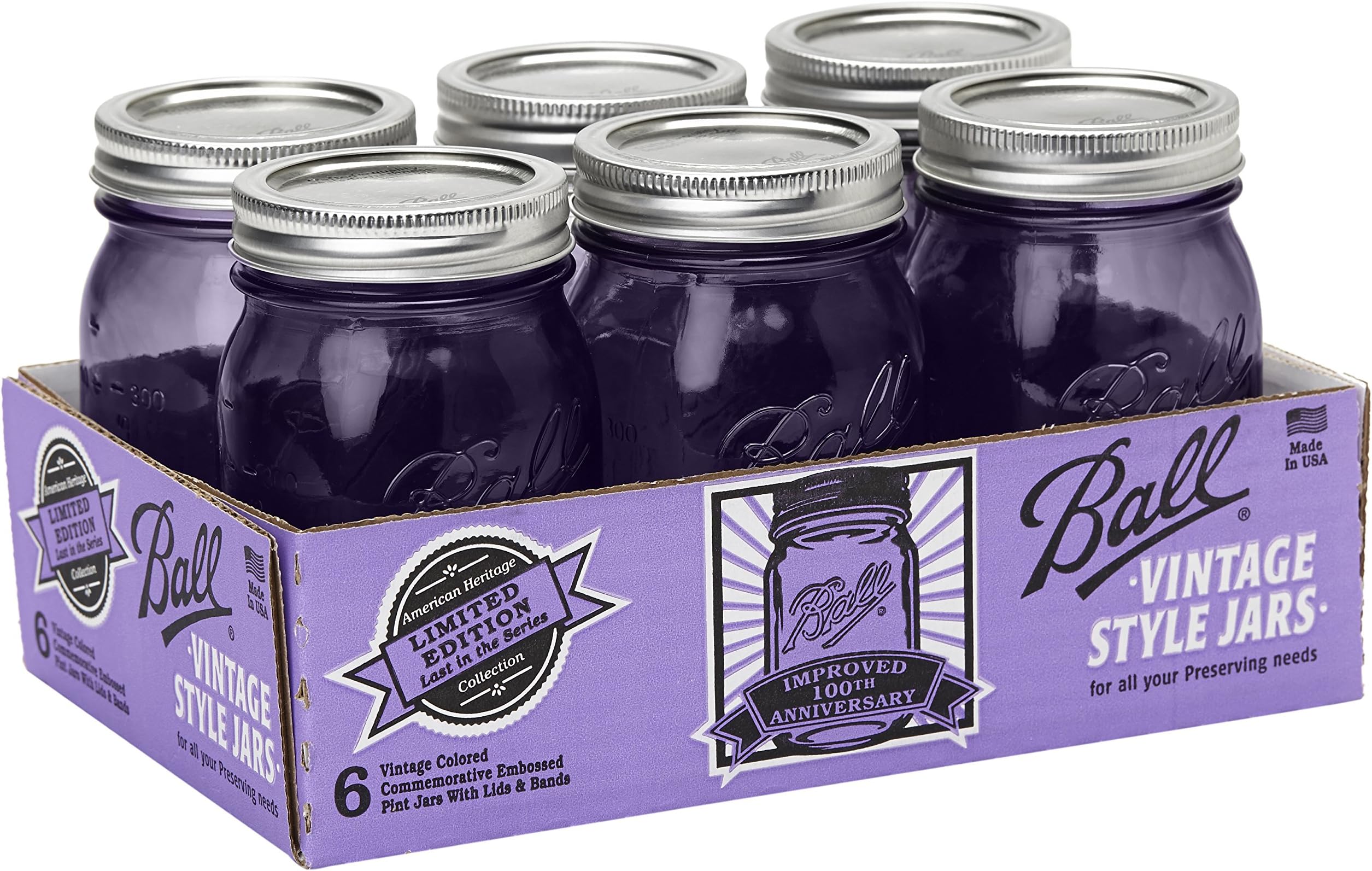 Ball Jar Ball Heritage Collection Pint Jars with Lids and Bands, Purple, Set of 6