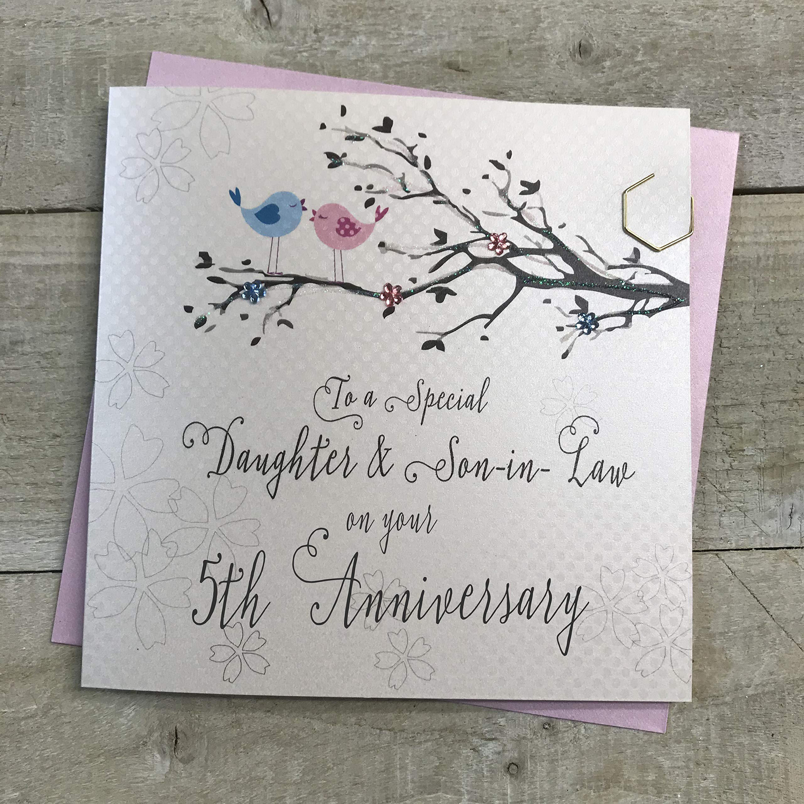 WHITE COTTON CARDS Daughter & Son-in-Law 5th Wedding Anniversary Card Fifth Wood Birds and Tree branch PD193-5
