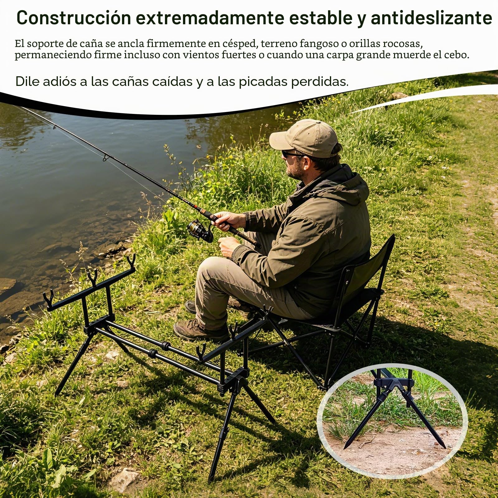 Soporte para Cañas de Pescar, 64-121cm Portacañas de Tres Cabezales Extensible Estante de Cañas de Pescar con Bolsa de Transporte y 6 Cabezales de Apoyo para Cañas para Pesca de Carpas Desde la Orilla