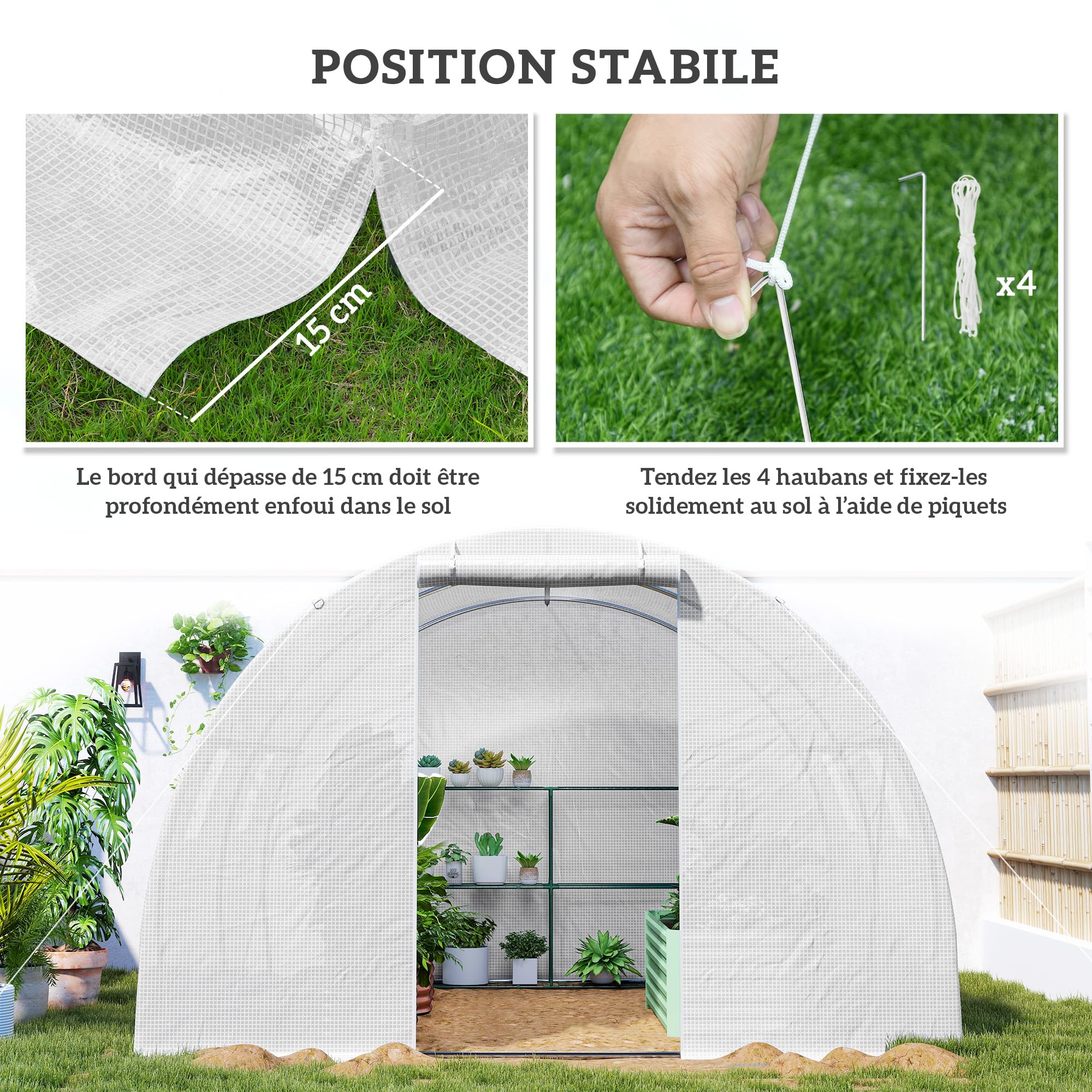 Outsunny Serre de Jardin Tunnel 9 m² 3L x 3l x 2H m - 4 fenêtres, Porte zippée Enroulable - châssis Tubulaire Acier galvanisé, bâche PE Haute densité Blanc